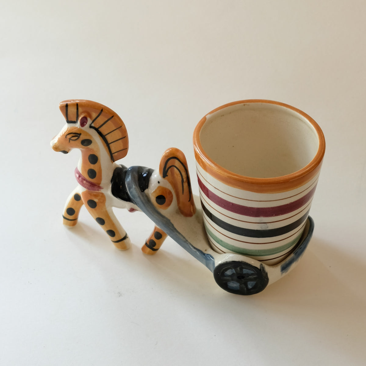 Vintage Hand-Painted Ceramic Greek Horse and Chariot Mini Planter