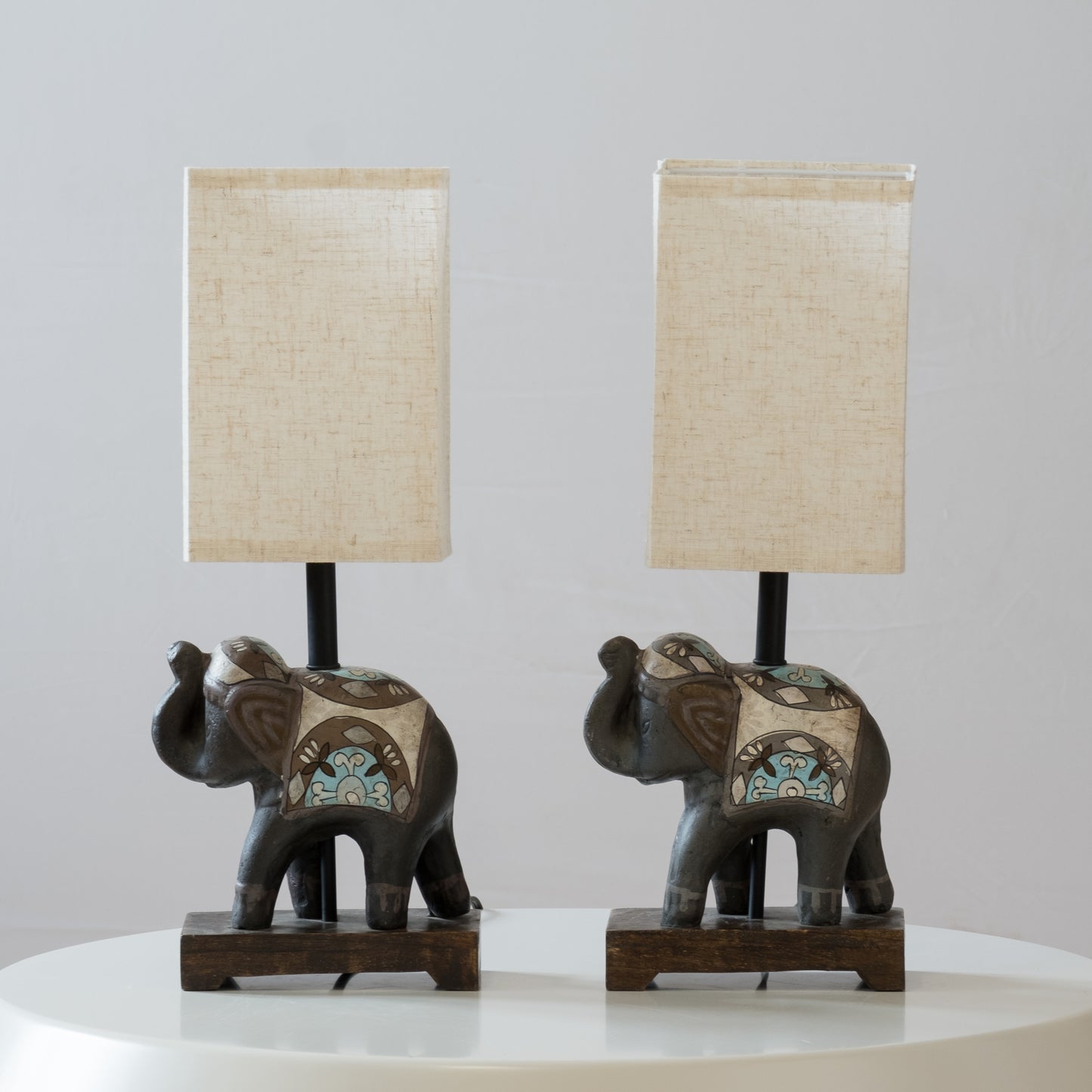 Pair of Indian Elephant Table Lamps with Linen Shades