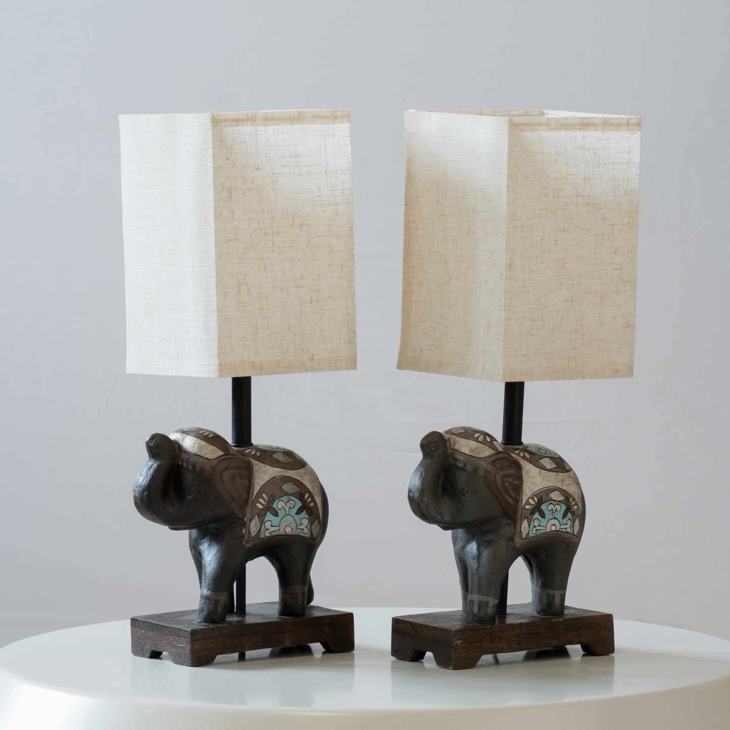 Pair of Indian Elephant Table Lamps with Linen Shades