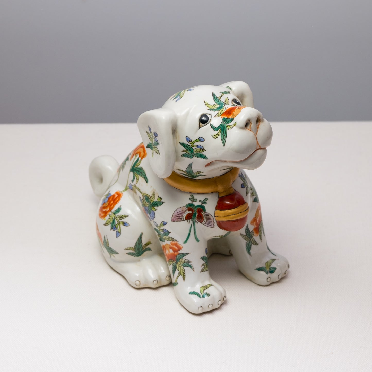Floral Painted Porcelain Bell Dog Ceramic Statue