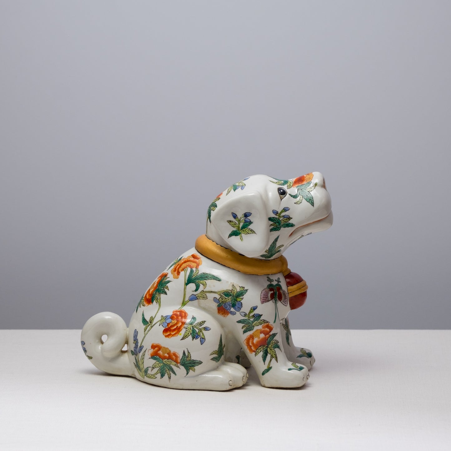 Floral Painted Porcelain Bell Dog Ceramic Statue