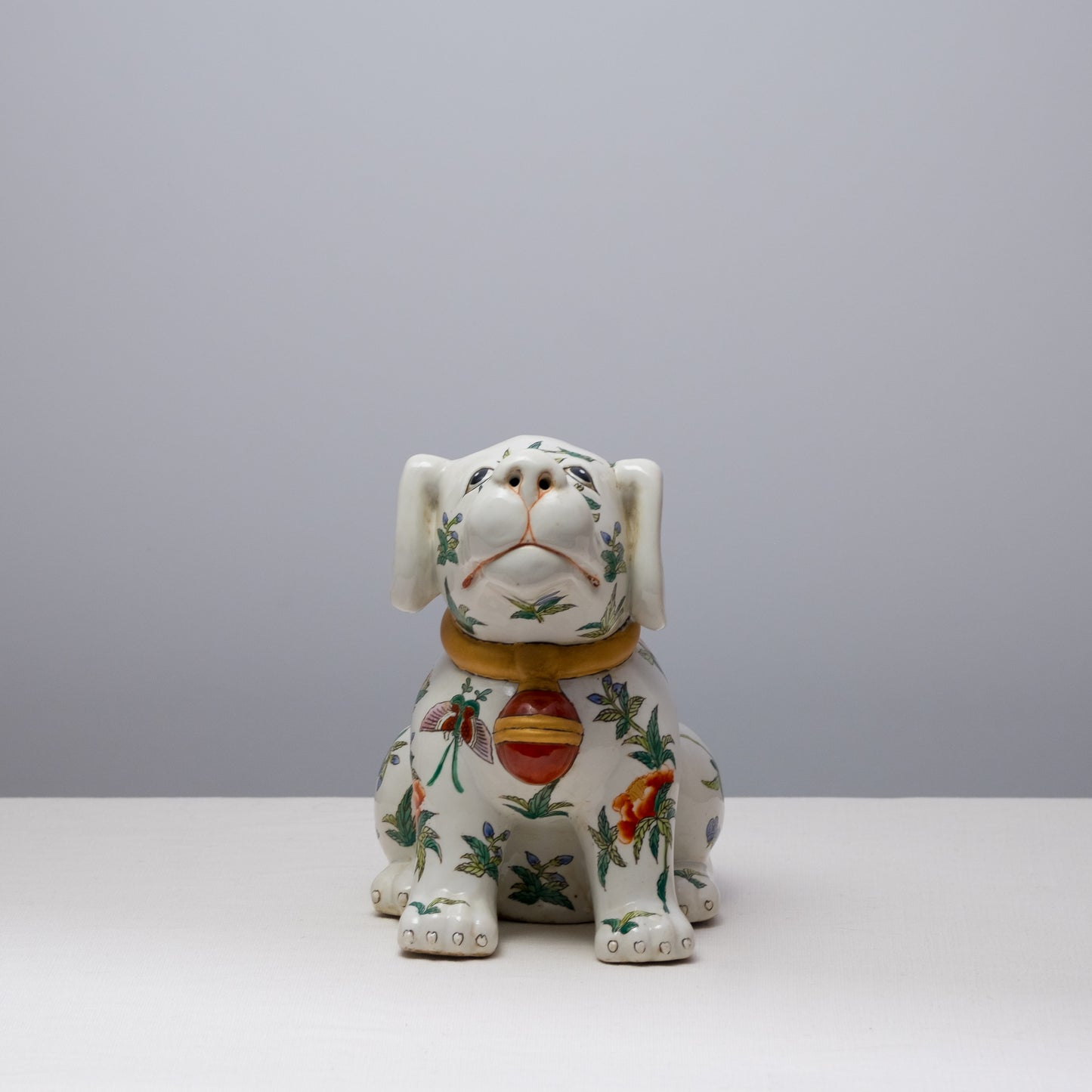 Floral Painted Porcelain Bell Dog Ceramic Statue