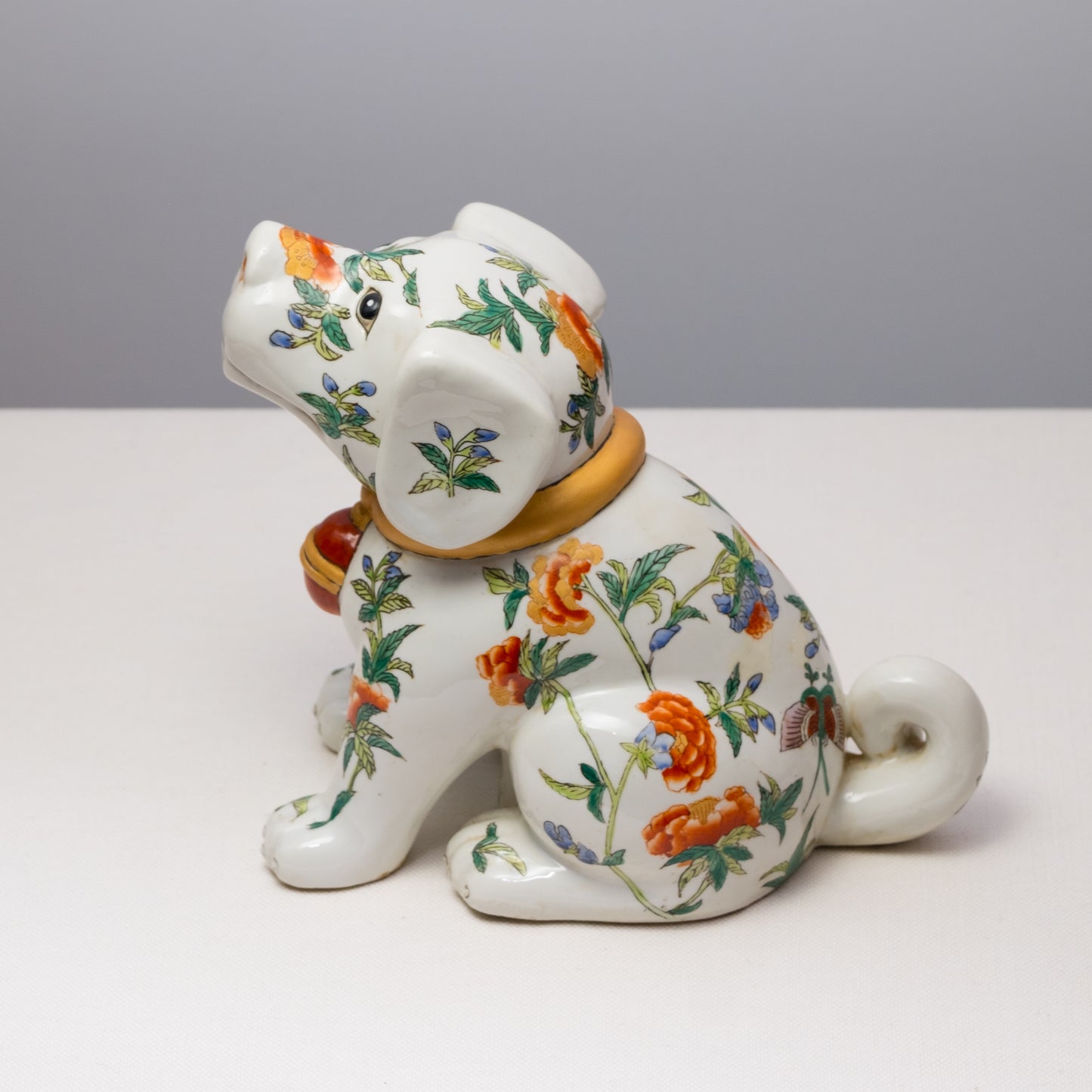 Floral Painted Porcelain Bell Dog Ceramic Statue