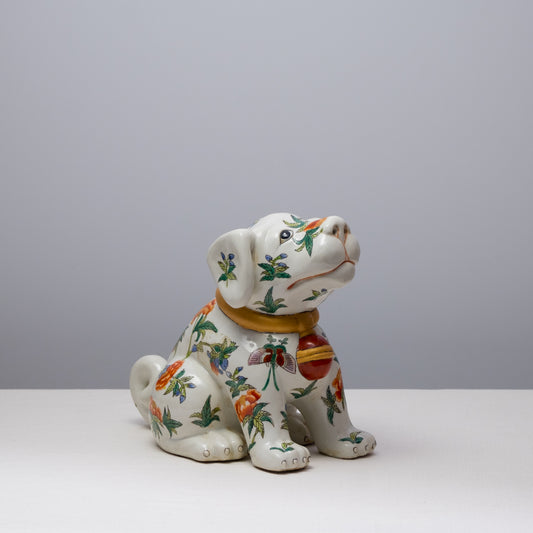 Floral Painted Porcelain Bell Dog Ceramic Statue