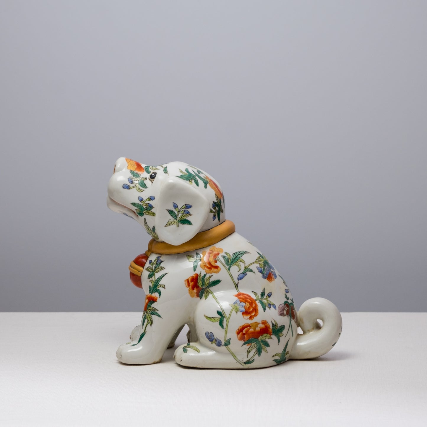 Floral Painted Porcelain Bell Dog Ceramic Statue