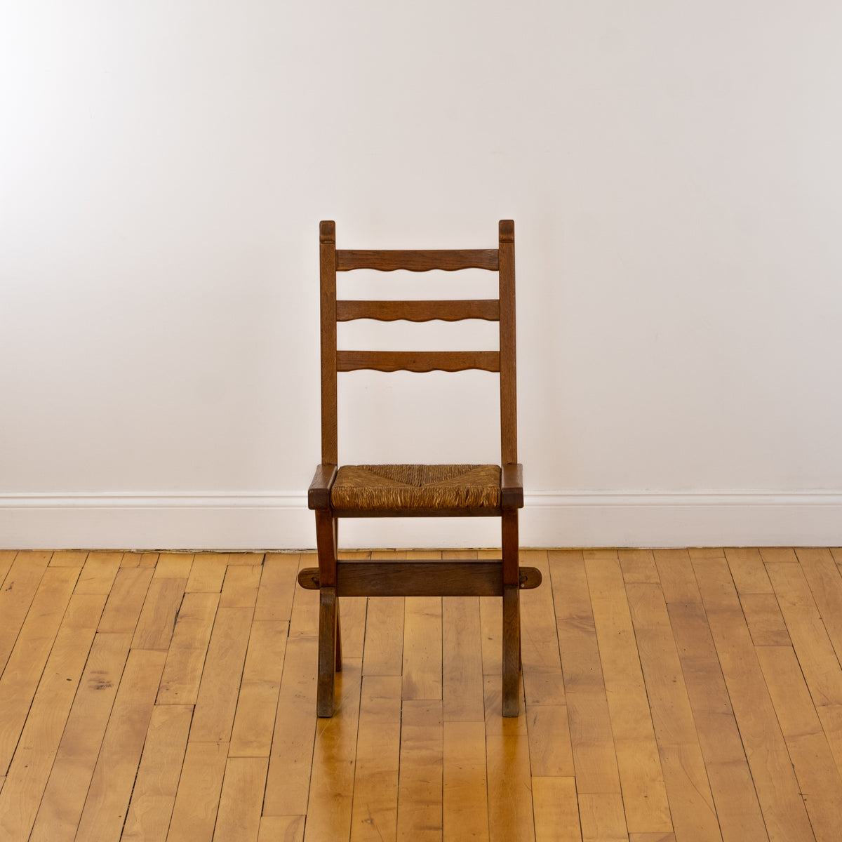 Set of 4 Vintage French Country Oak X-Legged Dining Chairs with Rush Seats