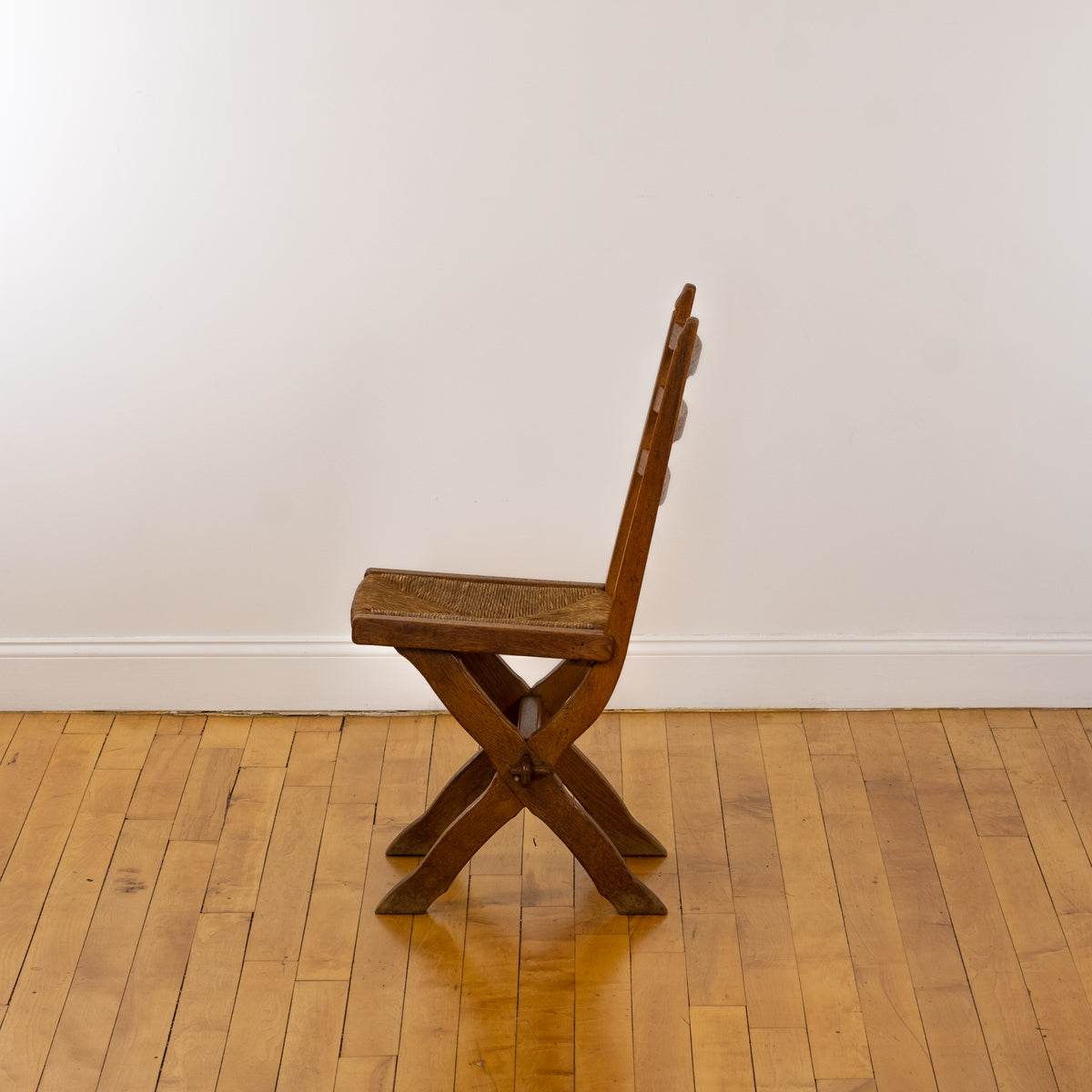 Set of 4 Vintage French Country Oak X-Legged Dining Chairs with Rush Seats
