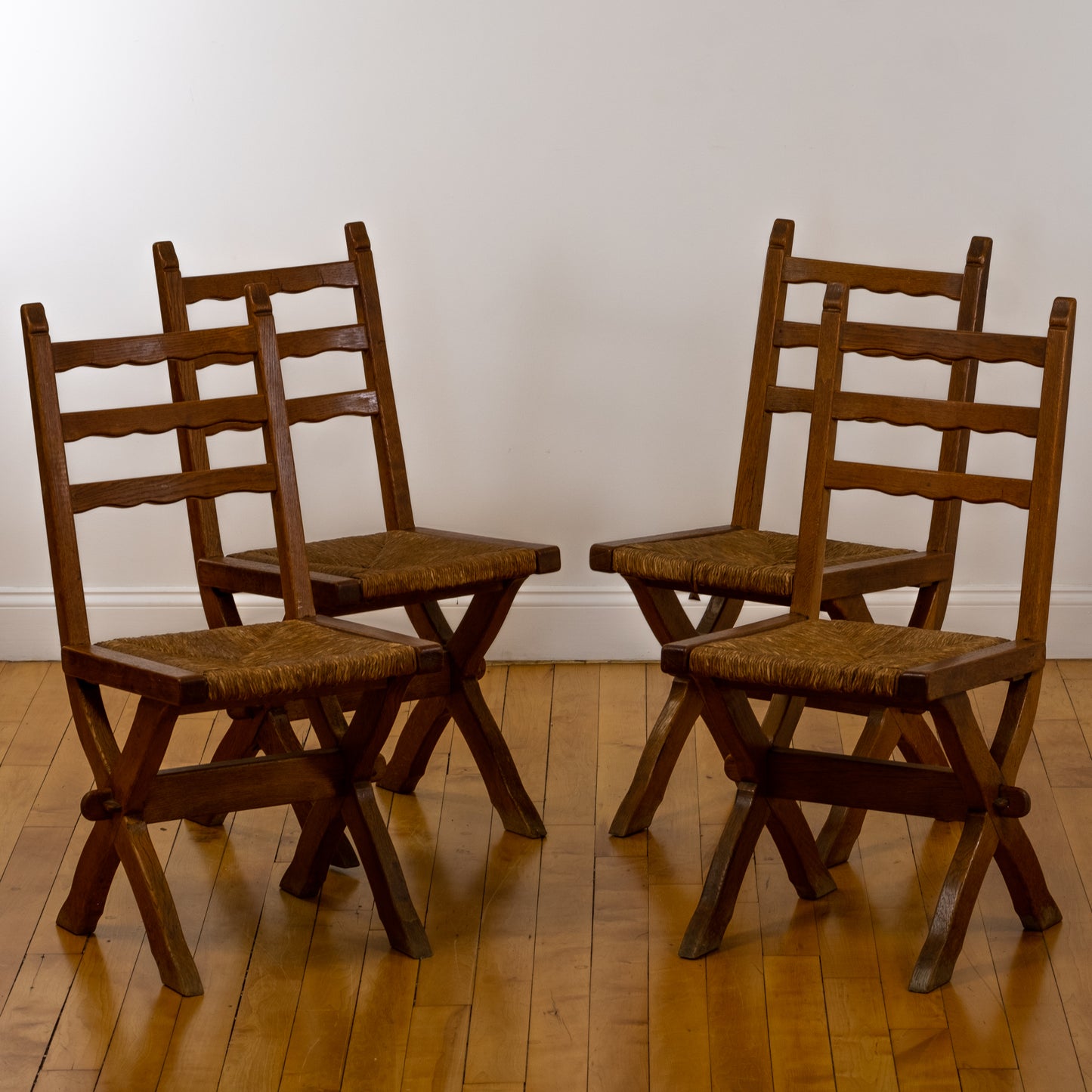 Set of 4 Vintage French Country Oak X-Legged Dining Chairs with Rush Seats