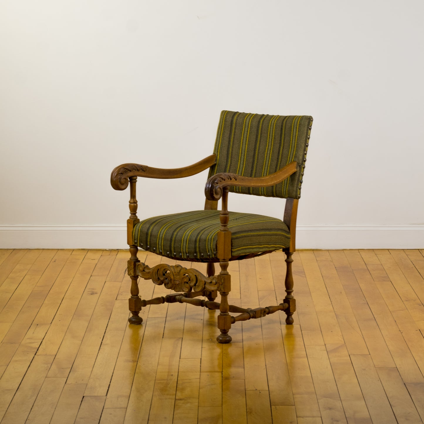 Baroque Revival Danish Armchair with Striped Wool Upholstery c. 1970s