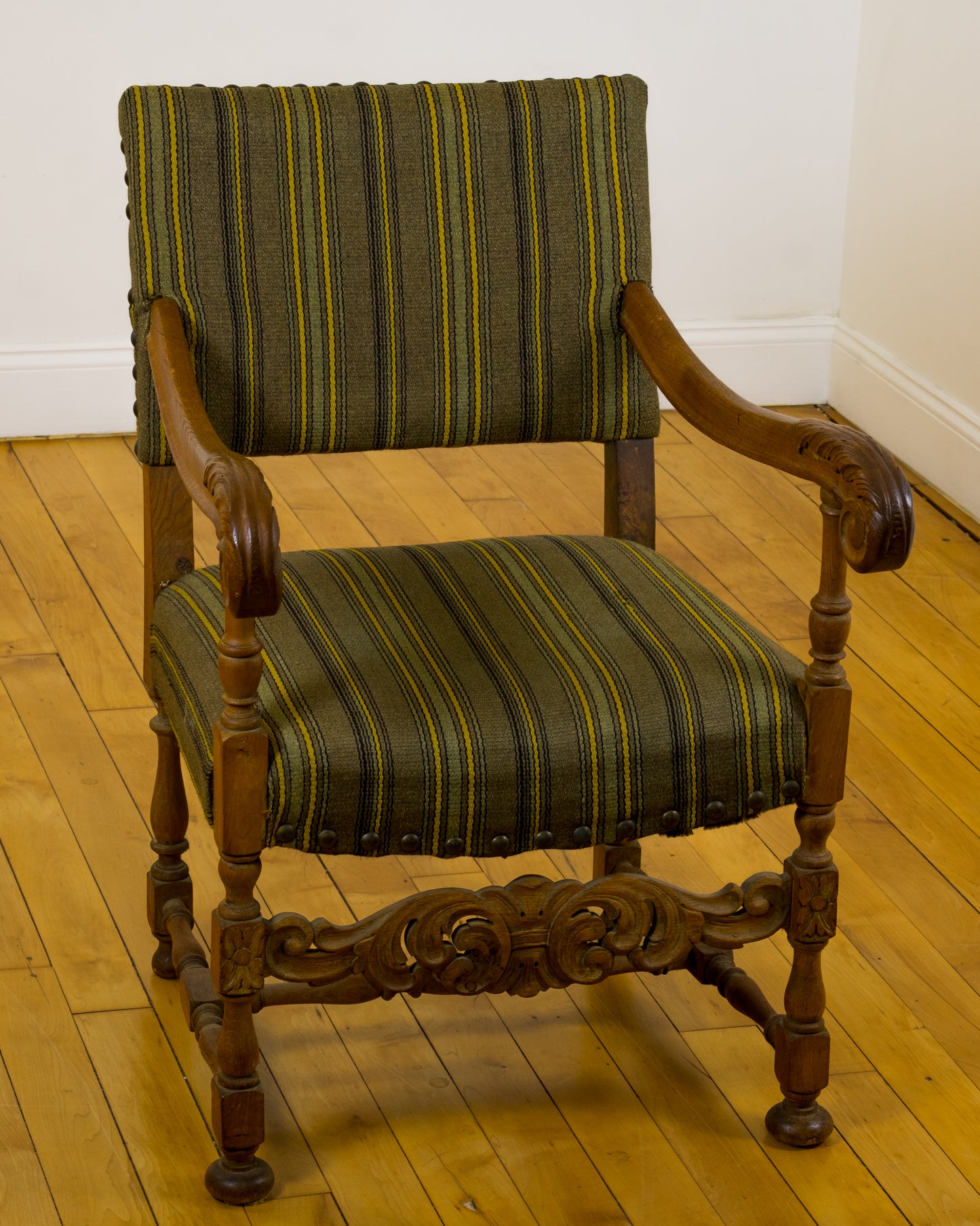 Baroque Revival Danish Armchair with Striped Wool Upholstery c. 1970s
