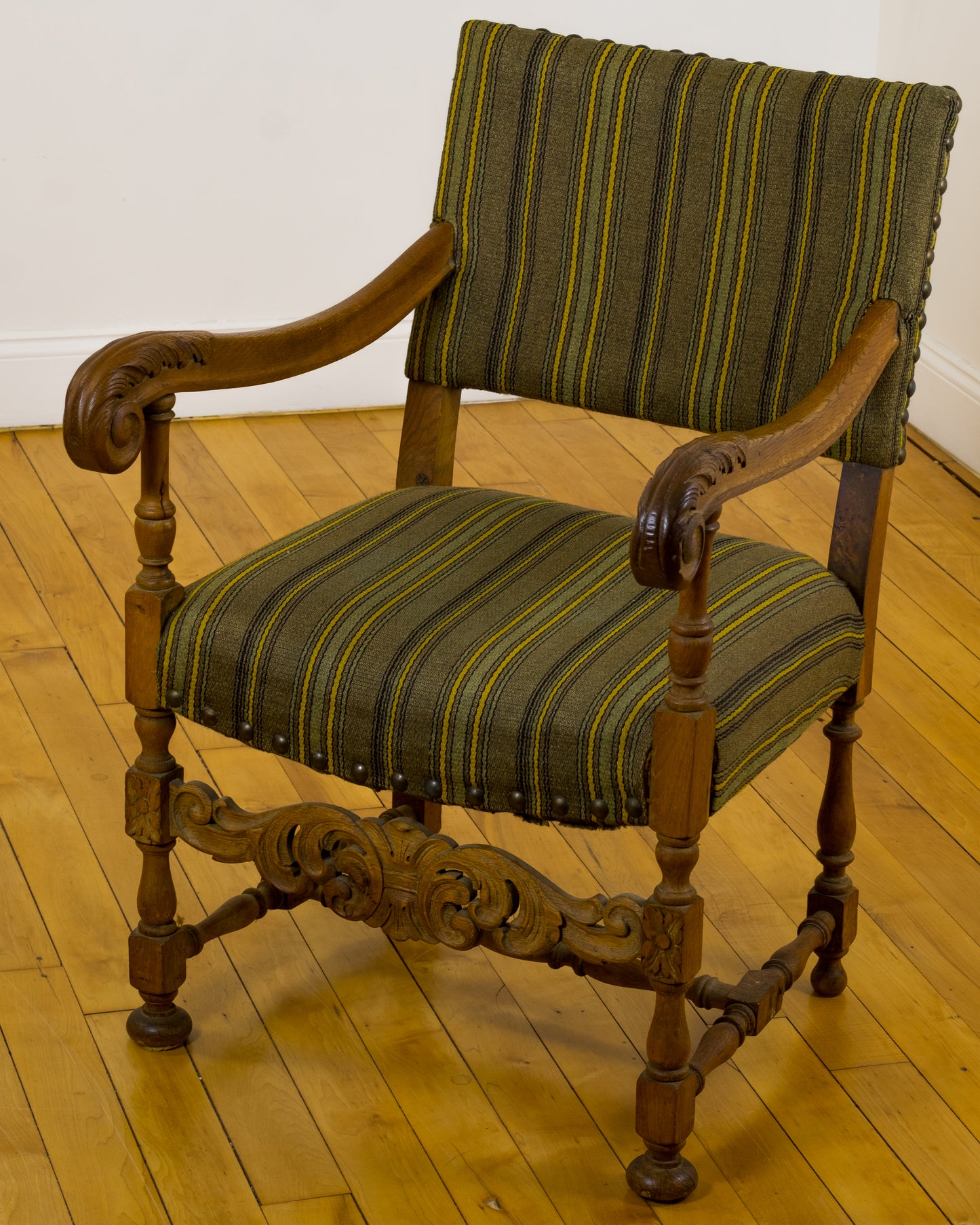 Baroque Revival Danish Armchair with Striped Wool Upholstery c. 1970s