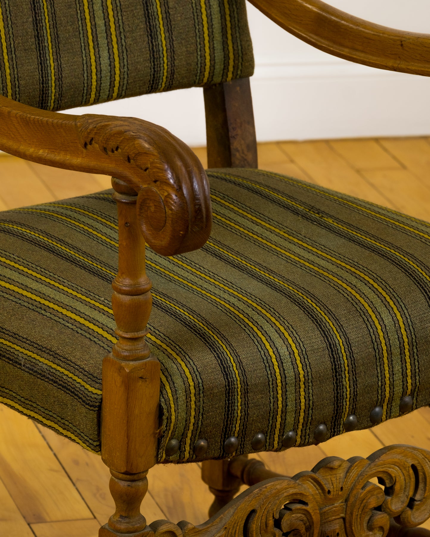 Baroque Revival Danish Armchair with Striped Wool Upholstery c. 1970s