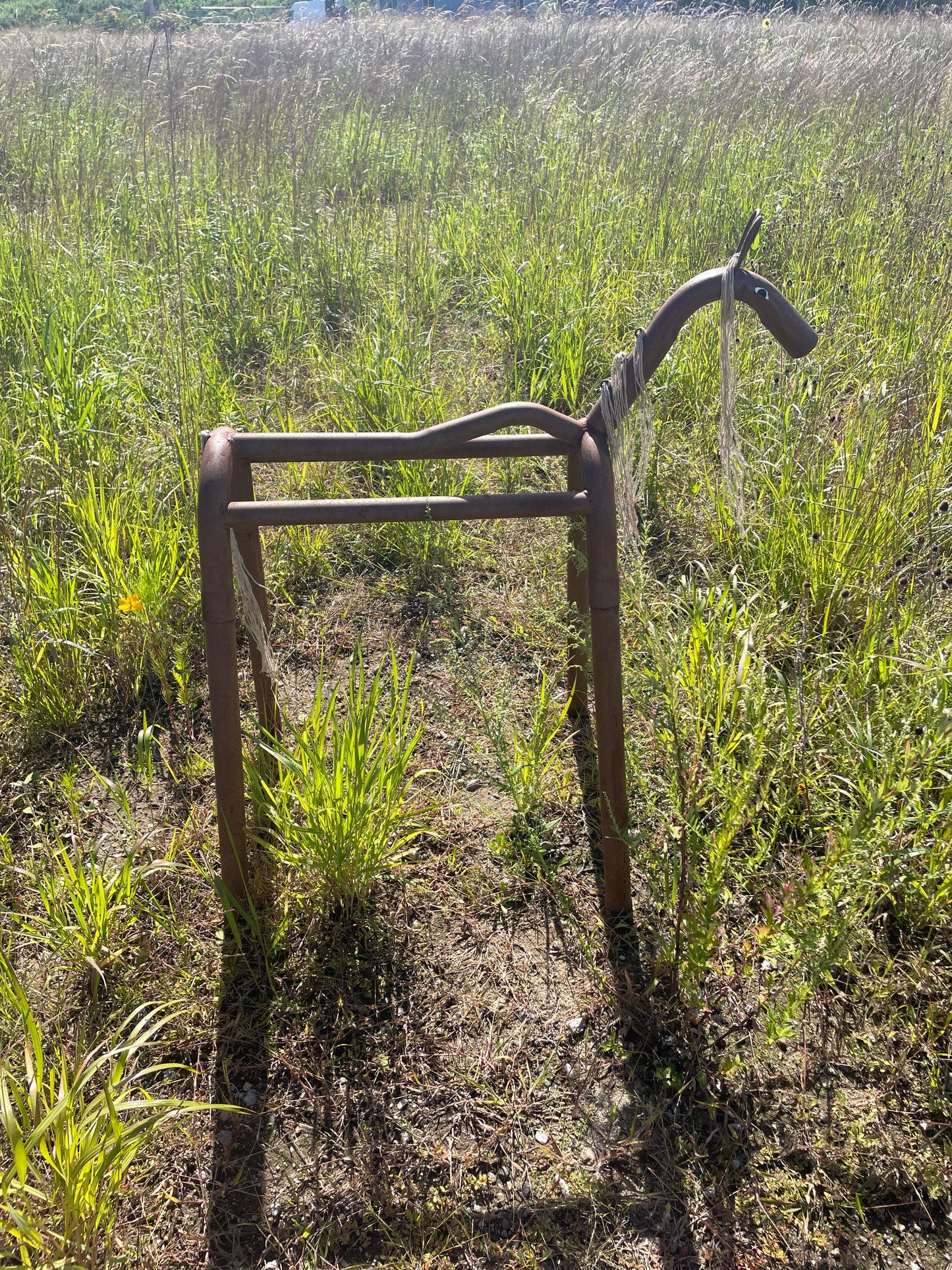 Whimsical Welded Iron Pipe Horse Folk Art Saddle Stand