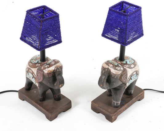 Pair of Indian Elephant Table Lamps with Beaded Shades