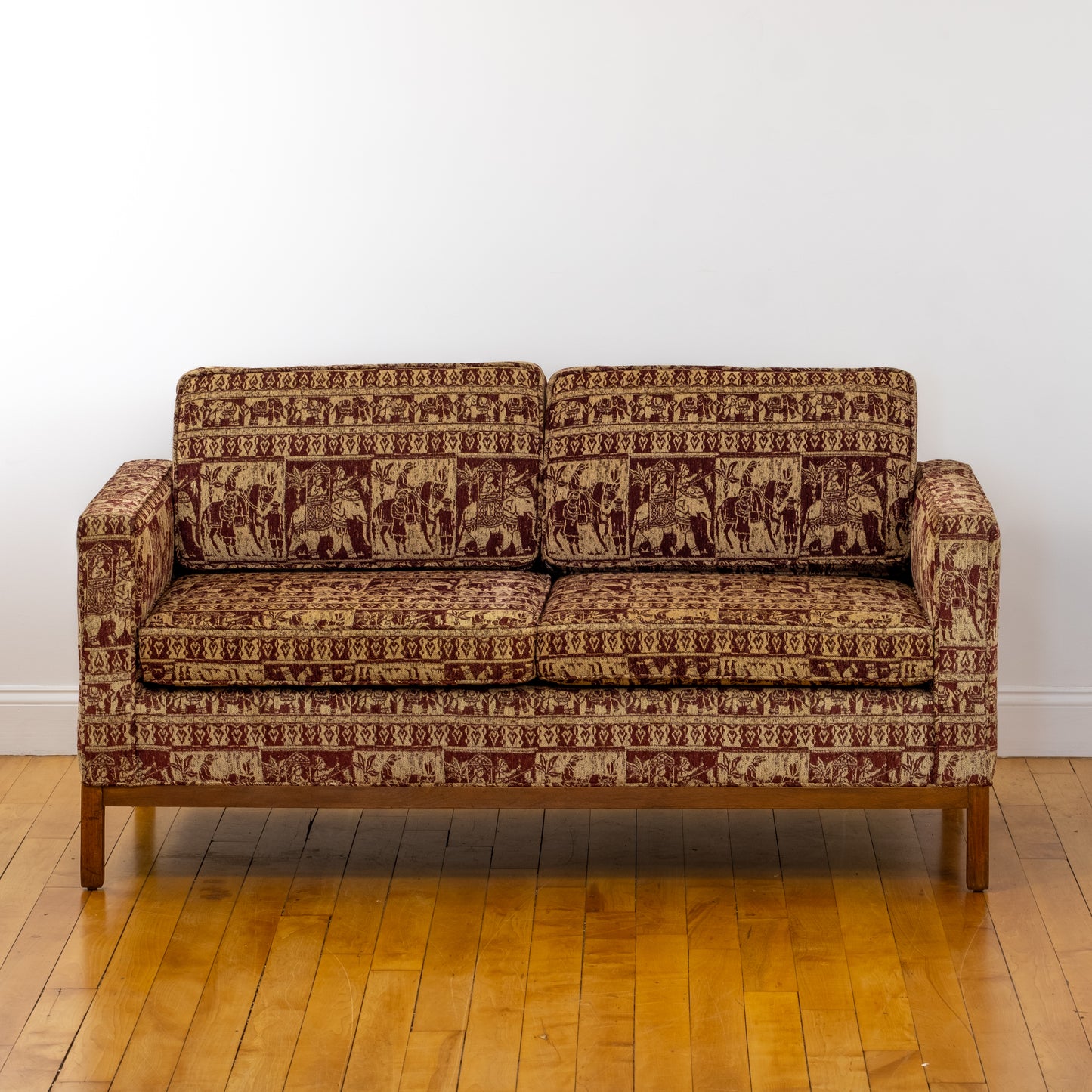 Knoll-Attributed Vintage Loveseat with Elephant Procession Upholstery