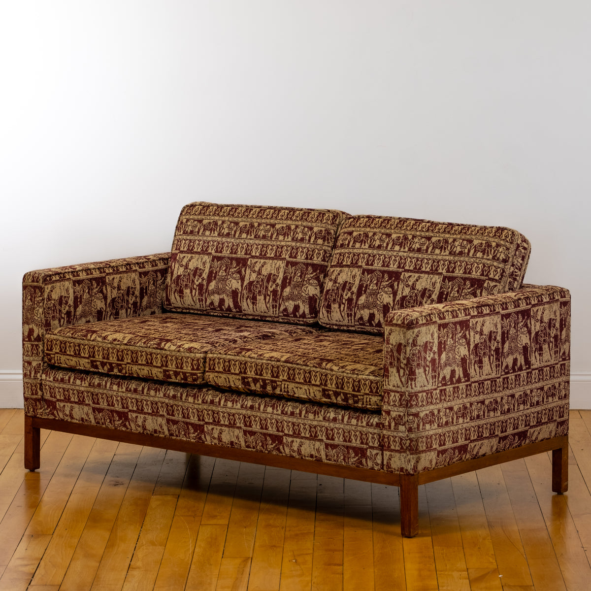 Knoll-Attributed Vintage Loveseat with Elephant Procession Upholstery