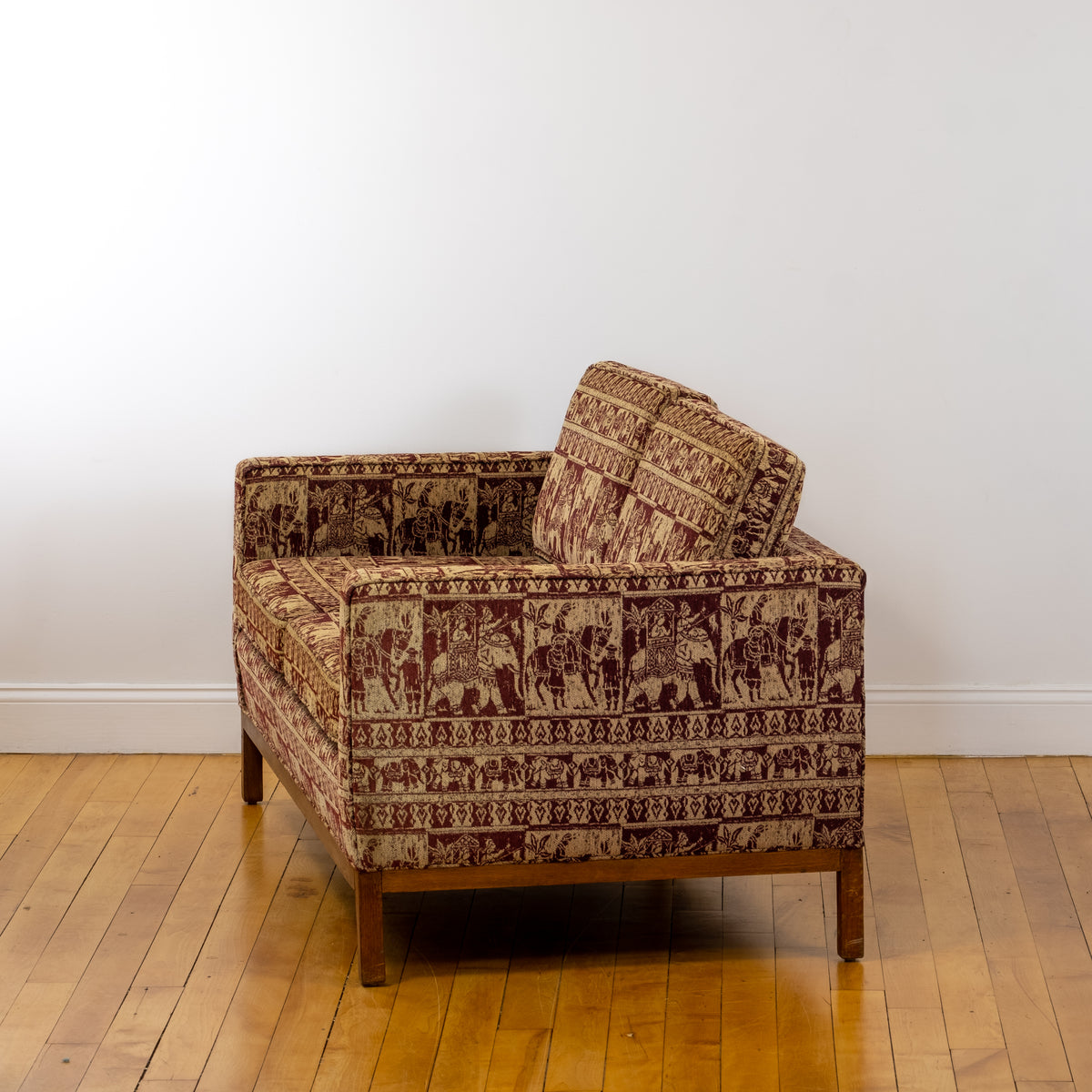 Knoll-Attributed Vintage Loveseat with Elephant Procession Upholstery