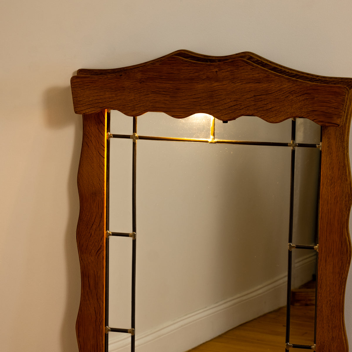 Illuminated Danish Oak Leaded Glass Mirror