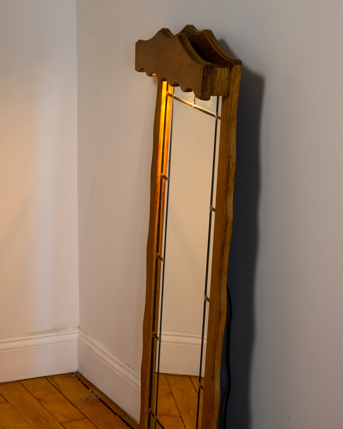 Illuminated Danish Oak Leaded Glass Mirror