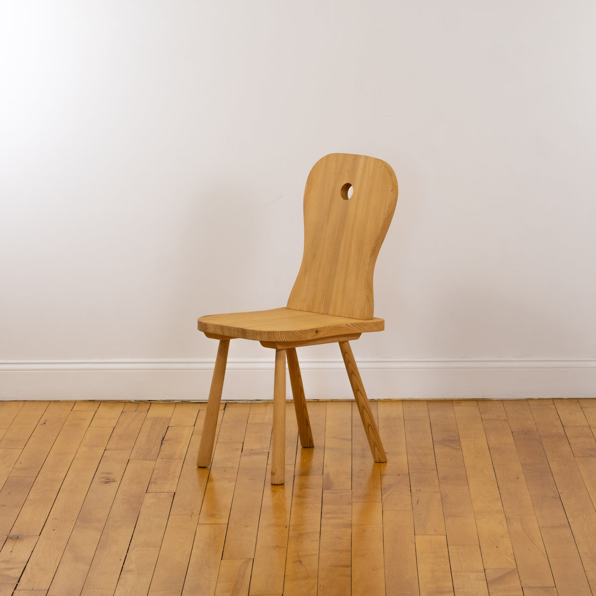 Set of 6 French Mid Century Modern Untreated Pine Side Chairs w/ Cutout in the Style of Christian Durupt