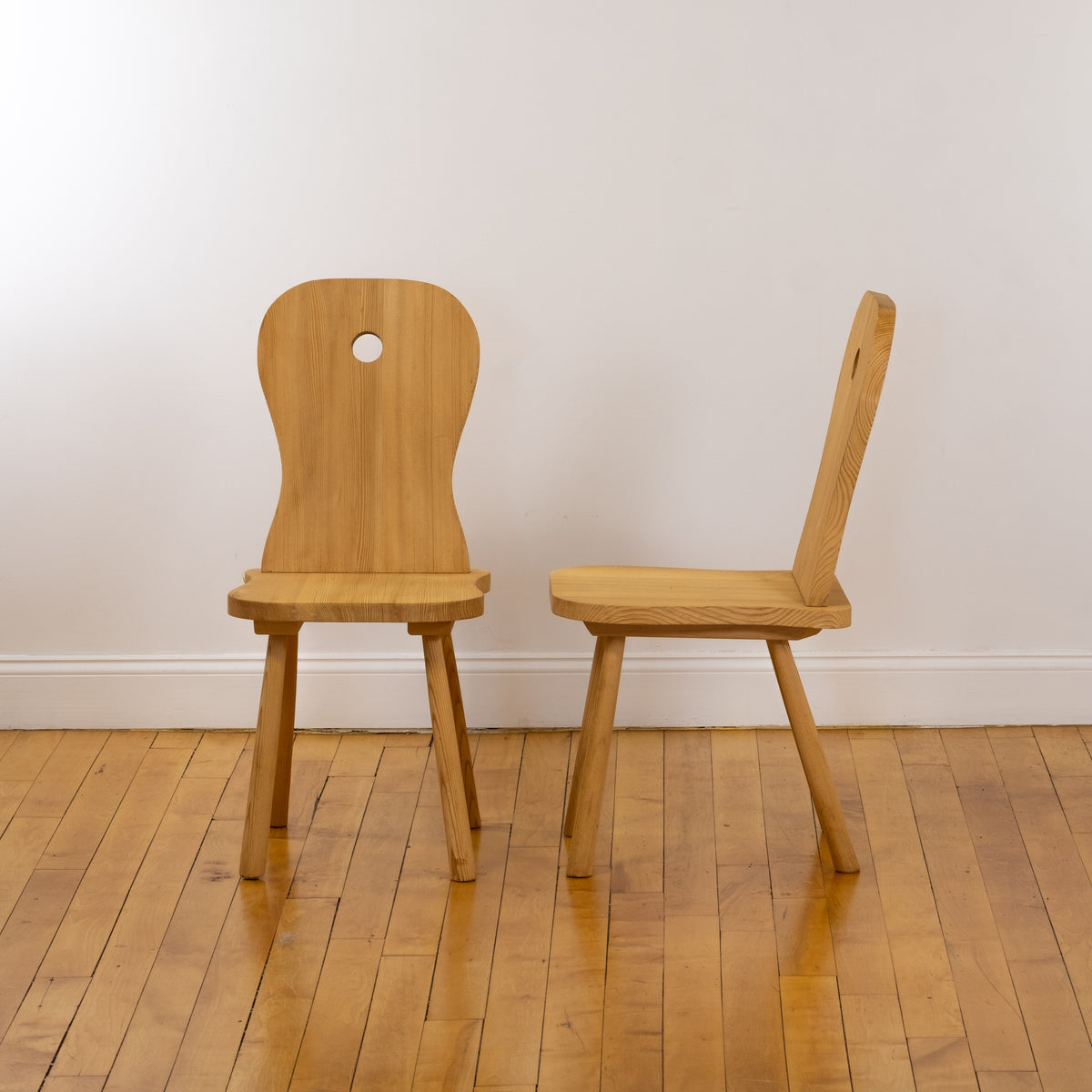 Set of 6 French Mid Century Modern Untreated Pine Side Chairs w/ Cutout in the Style of Christian Durupt