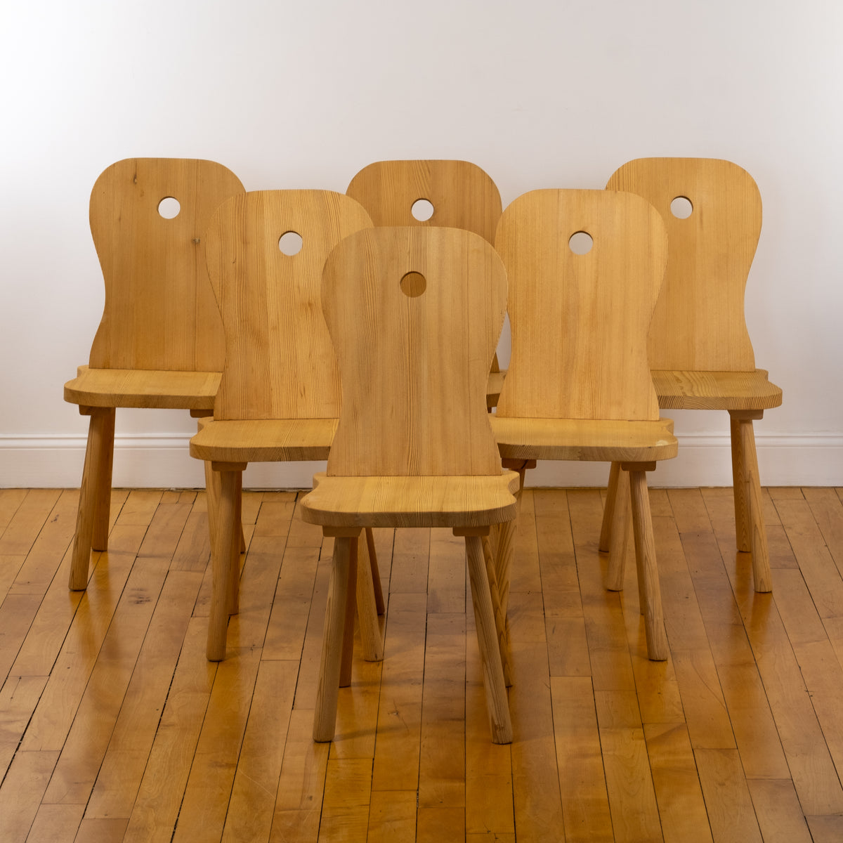 Set of 6 French Mid Century Modern Untreated Pine Side Chairs w/ Cutout in the Style of Christian Durupt