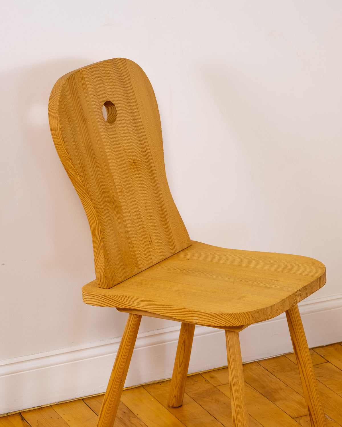 Set of 6 French Mid Century Modern Untreated Pine Side Chairs w/ Cutout in the Style of Christian Durupt