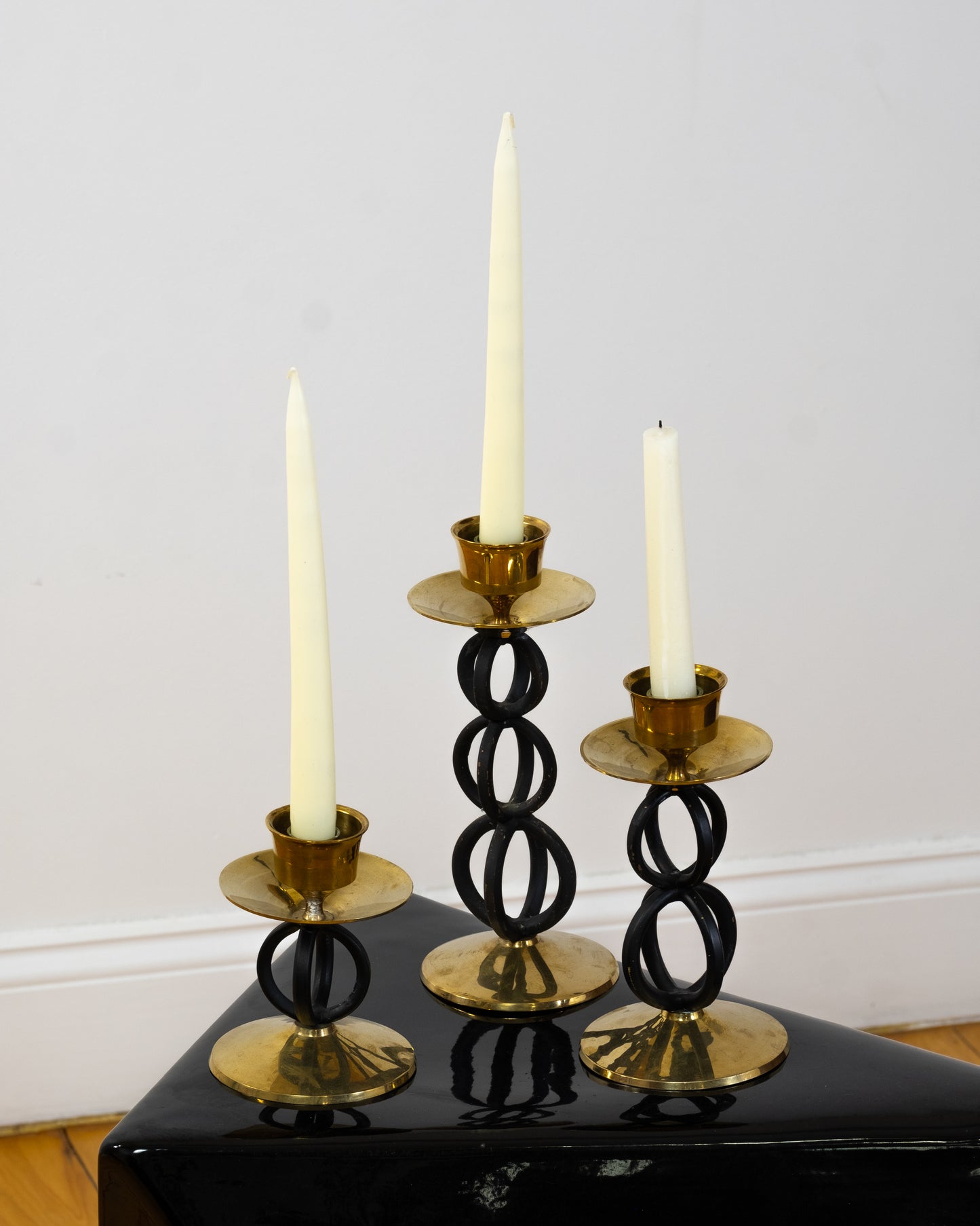 Vintage Magasin Brass and Black Ornate Candlestick Holders (set of 3)