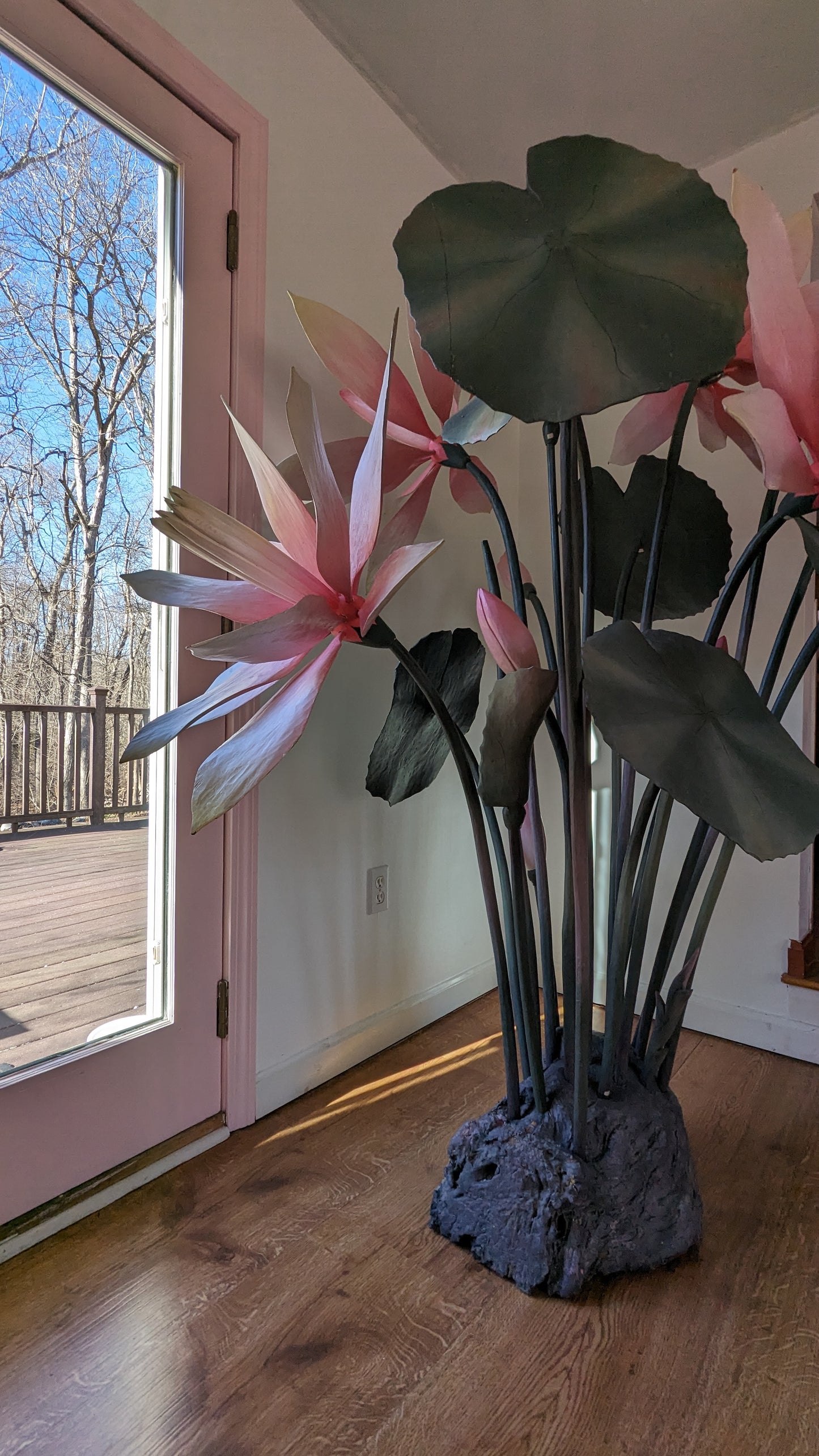 Giant Pink Lily Carved Wood Sculpture Art