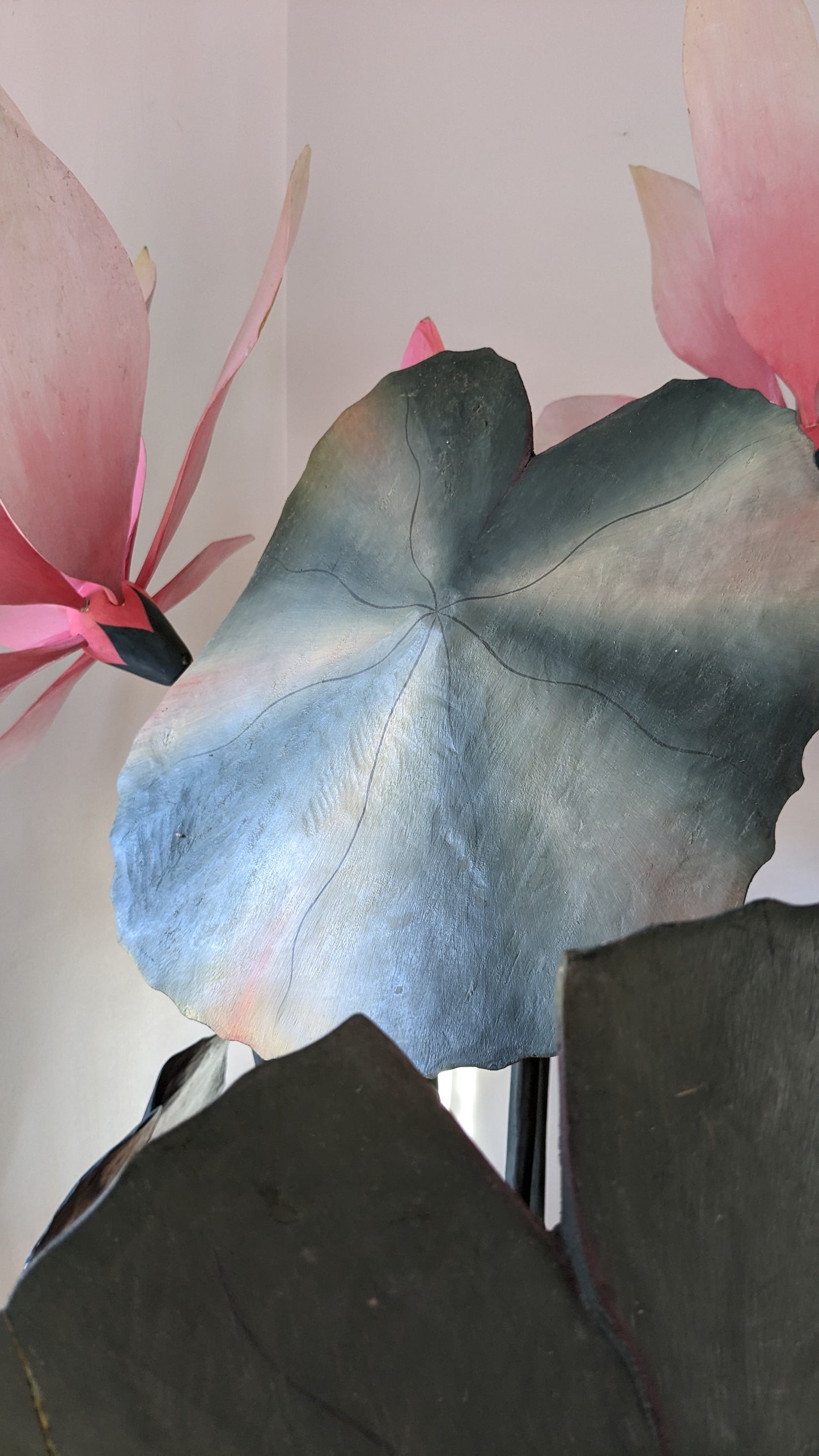 Giant Pink Lily Carved Wood Sculpture Art