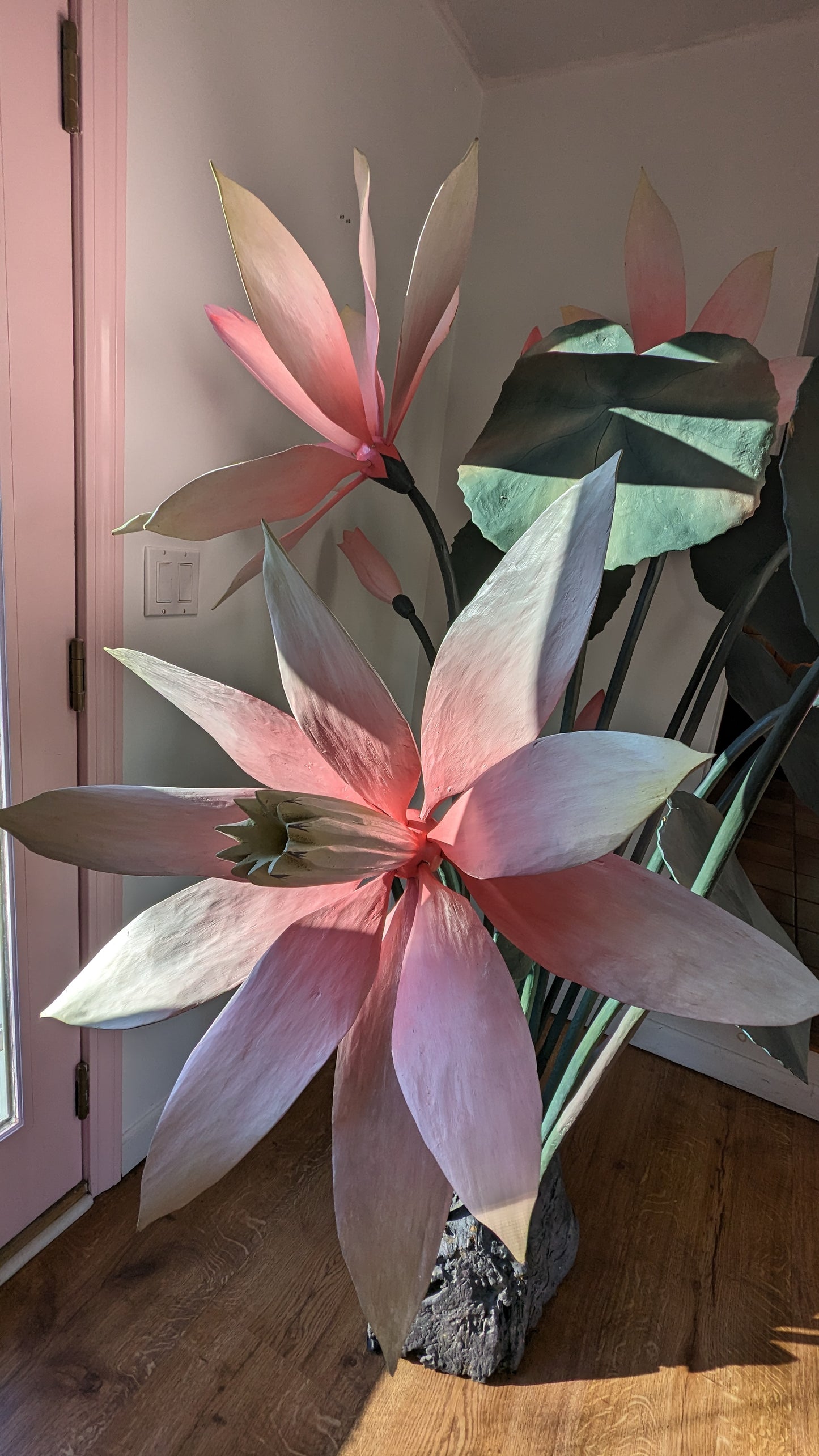 Giant Pink Lily Carved Wood Sculpture Art