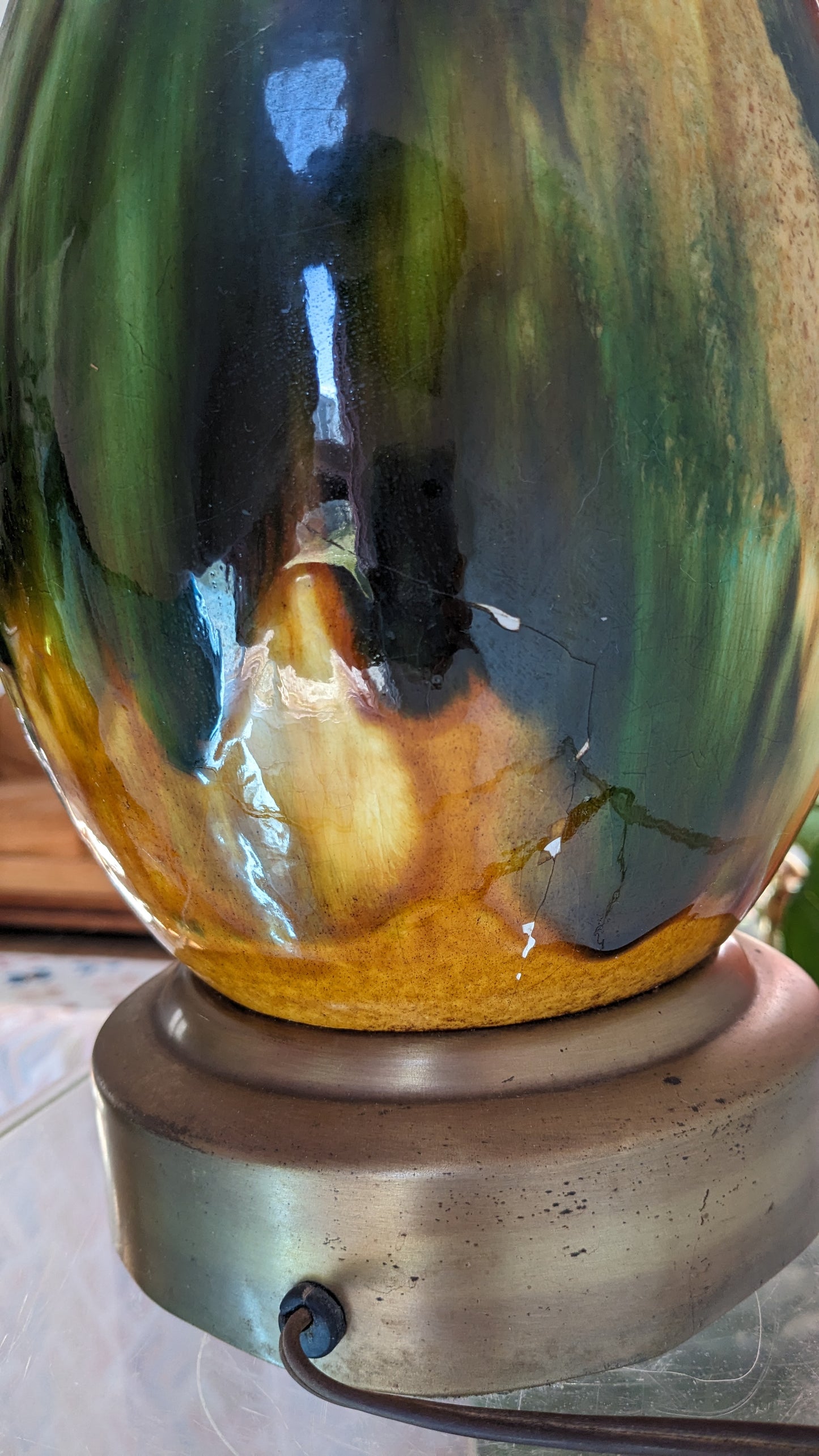 1960s Glazed Lamp on Brass Pedestal