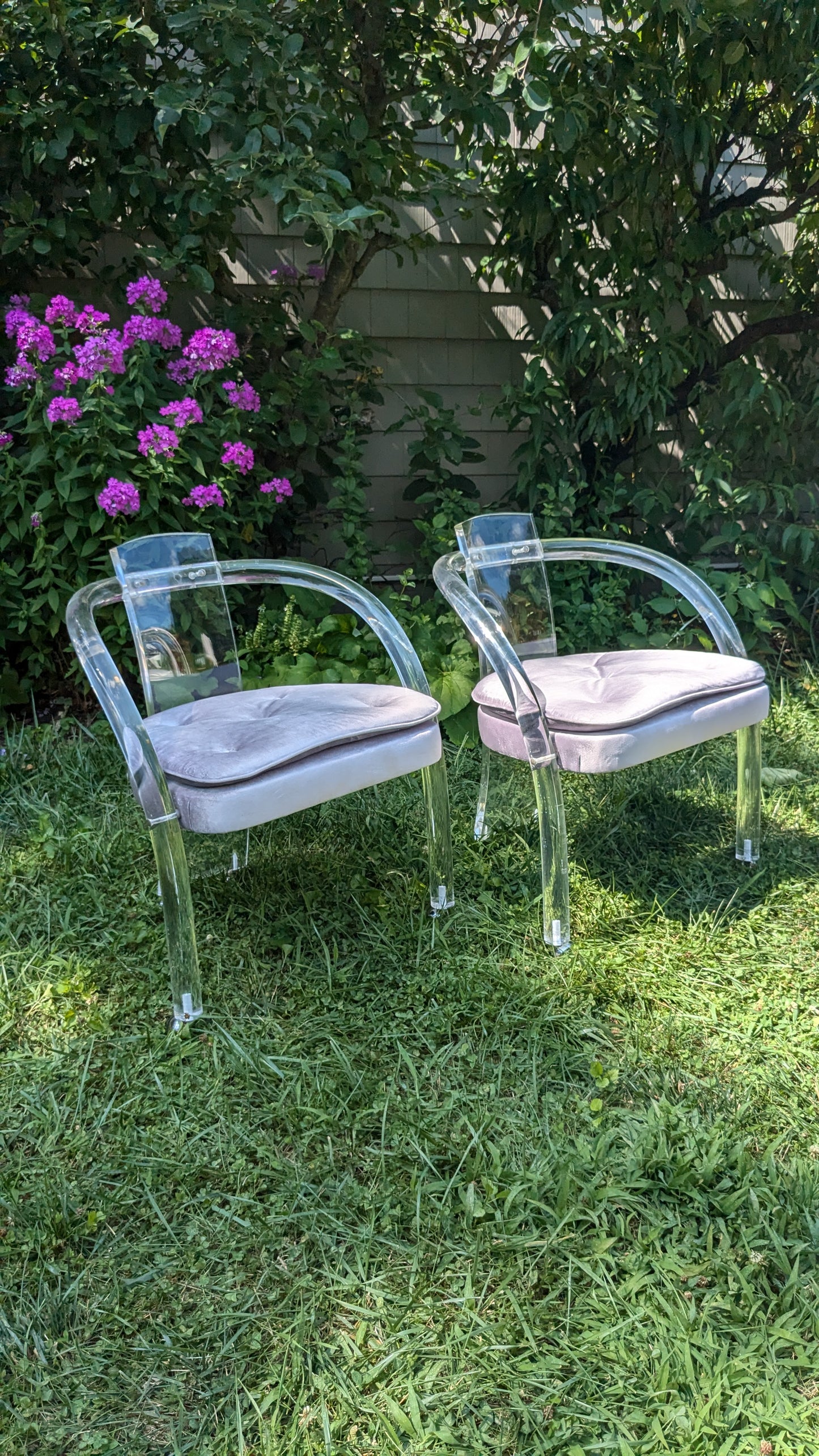 Lucite Chairs with Purple Velvet Seats