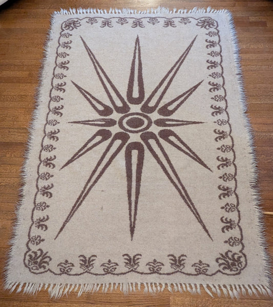 Cream & Brown Felted Wool Reversible Rug With Sun Motif