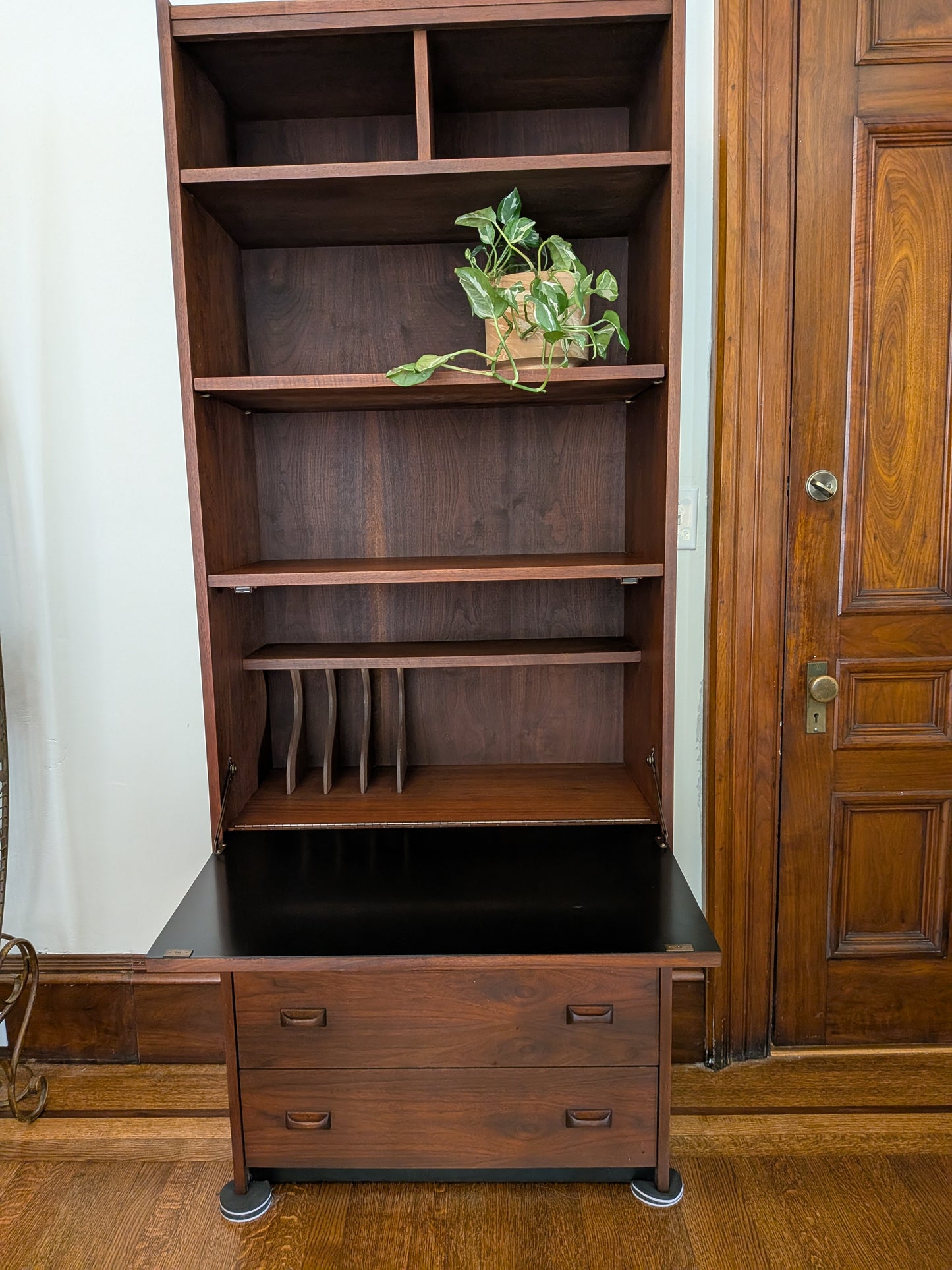 Walnut Finish Mid Mod Style Secretary Cabinet
