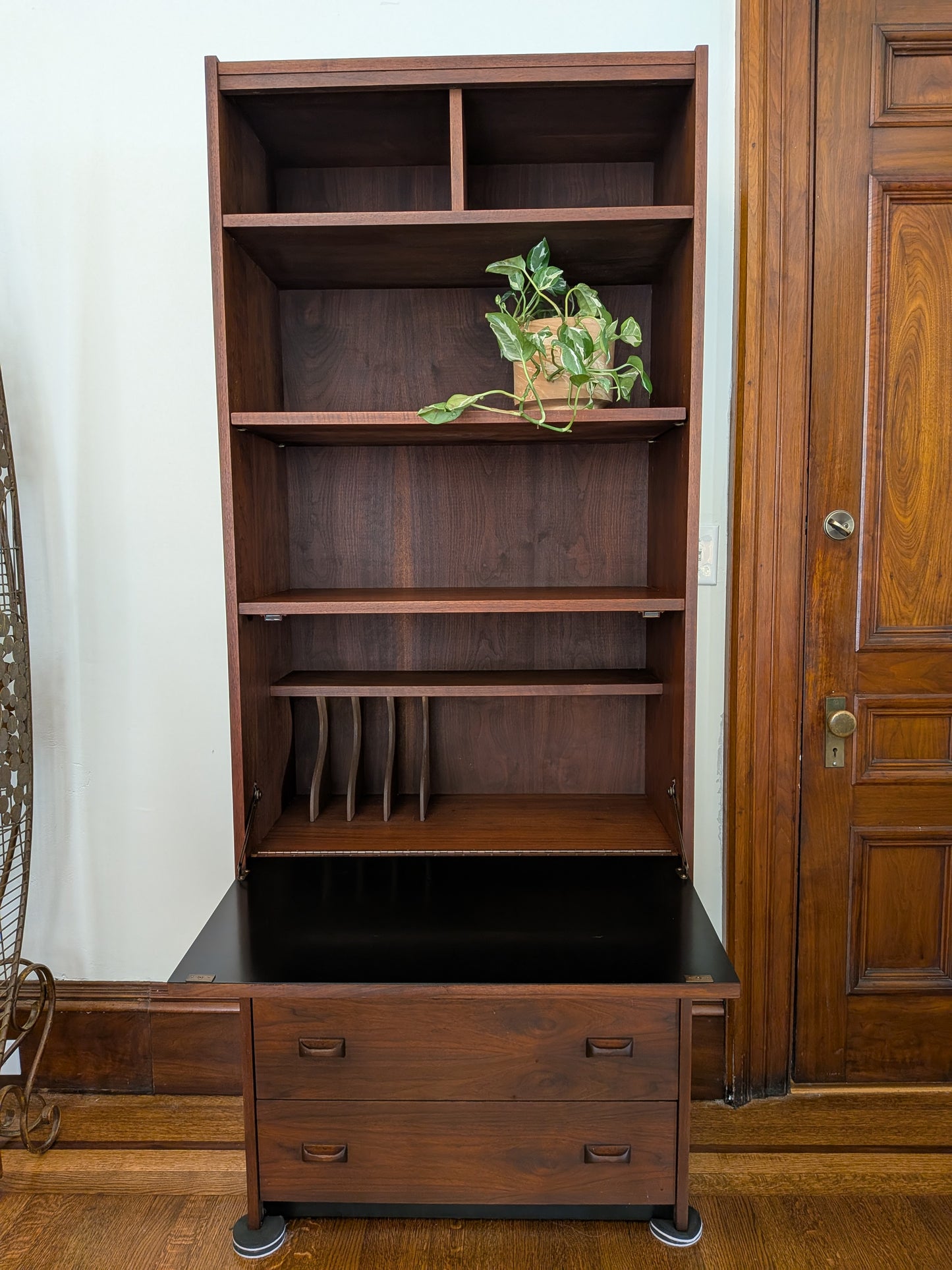 Walnut Finish Mid Mod Style Secretary Cabinet