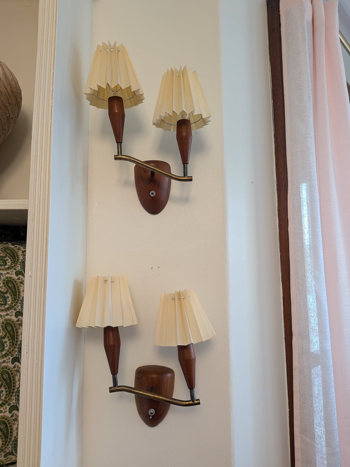 Danish Teak and Brass Double Arm Wall Sconce with Pleated Fan Shades (c. 1960s)