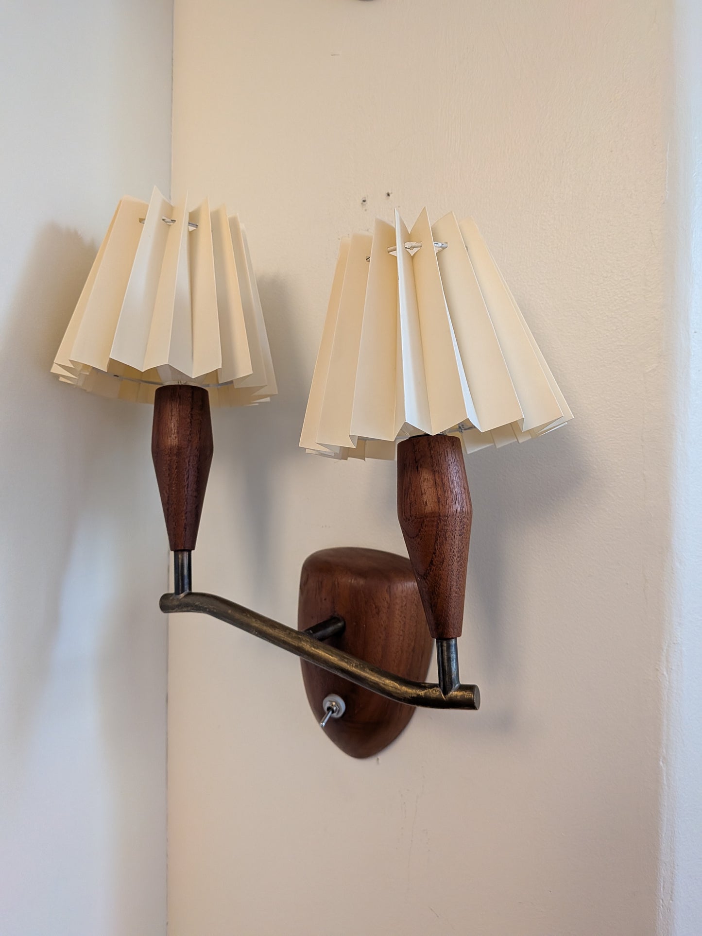 Danish Teak and Brass Double Arm Wall Sconce with Pleated Fan Shades (c. 1960s)