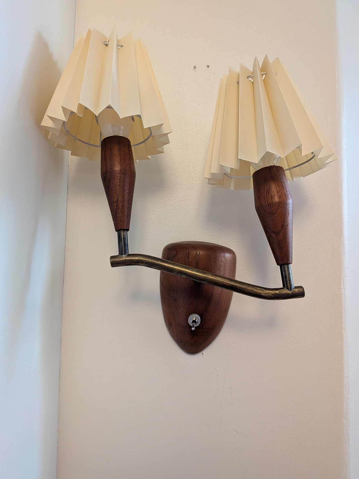 Danish Teak and Brass Double Arm Wall Sconce with Pleated Fan Shades (c. 1960s)