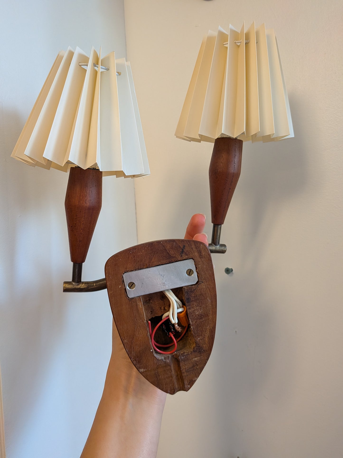 Danish Teak and Brass Double Arm Wall Sconce with Pleated Fan Shades (c. 1960s)