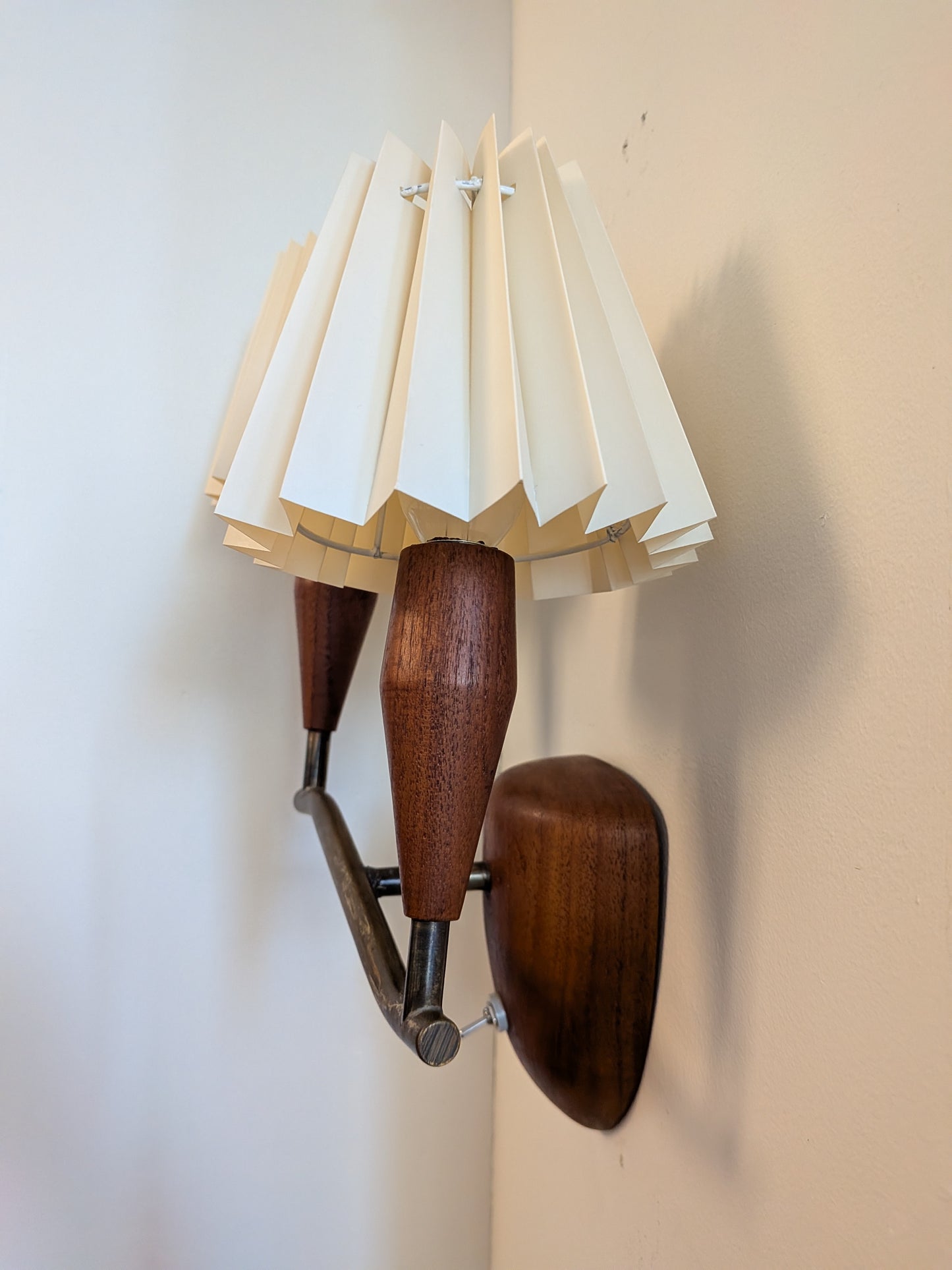 Danish Teak and Brass Double Arm Wall Sconce with Pleated Fan Shades (c. 1960s)