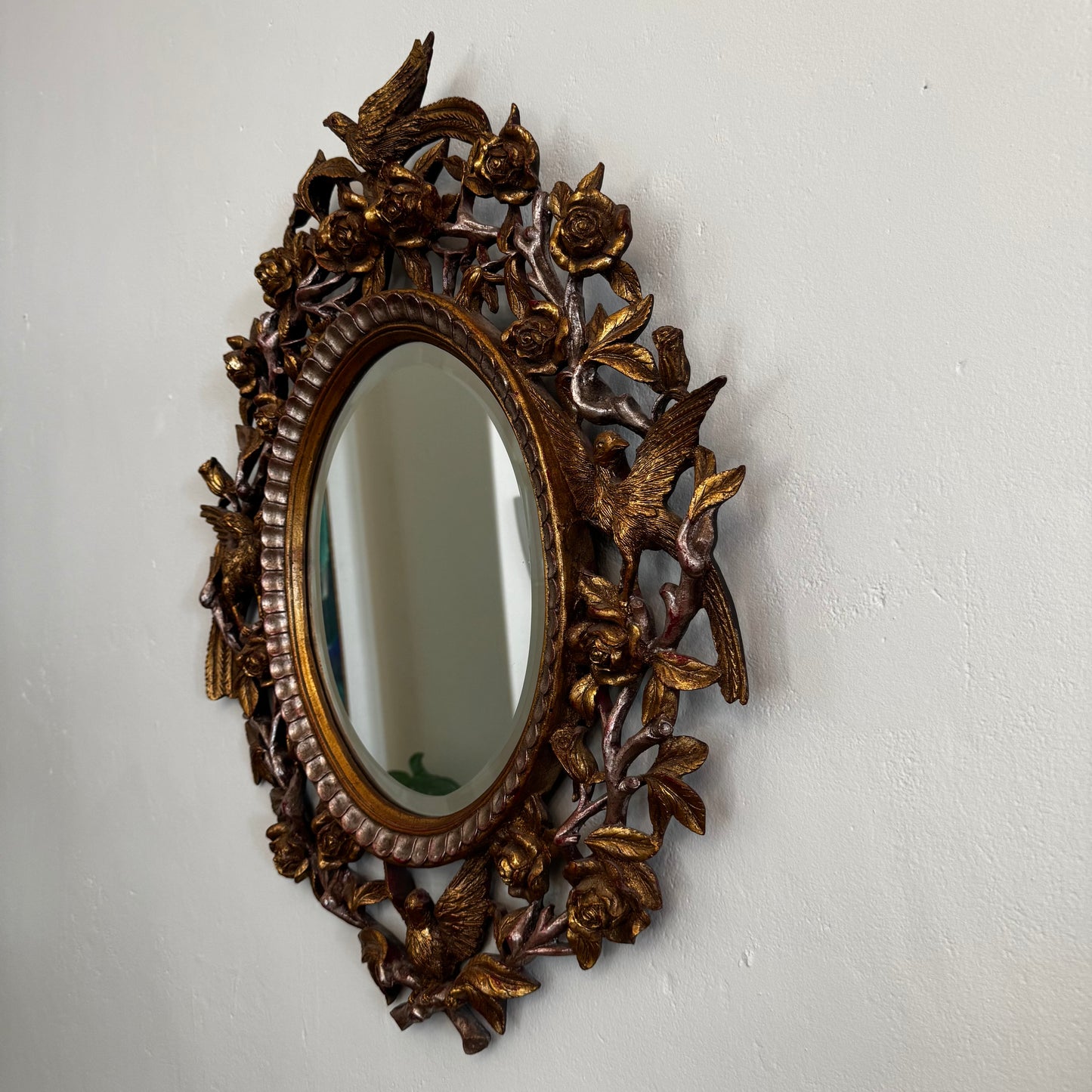 Gilded French Baroque Mirror with Birds and Florals