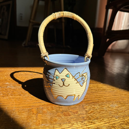 Ceramic Cat Basket with Wooden Handle