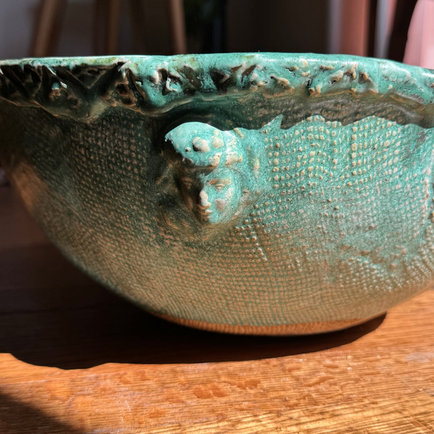 Turquoise Clay Bowl with Faces