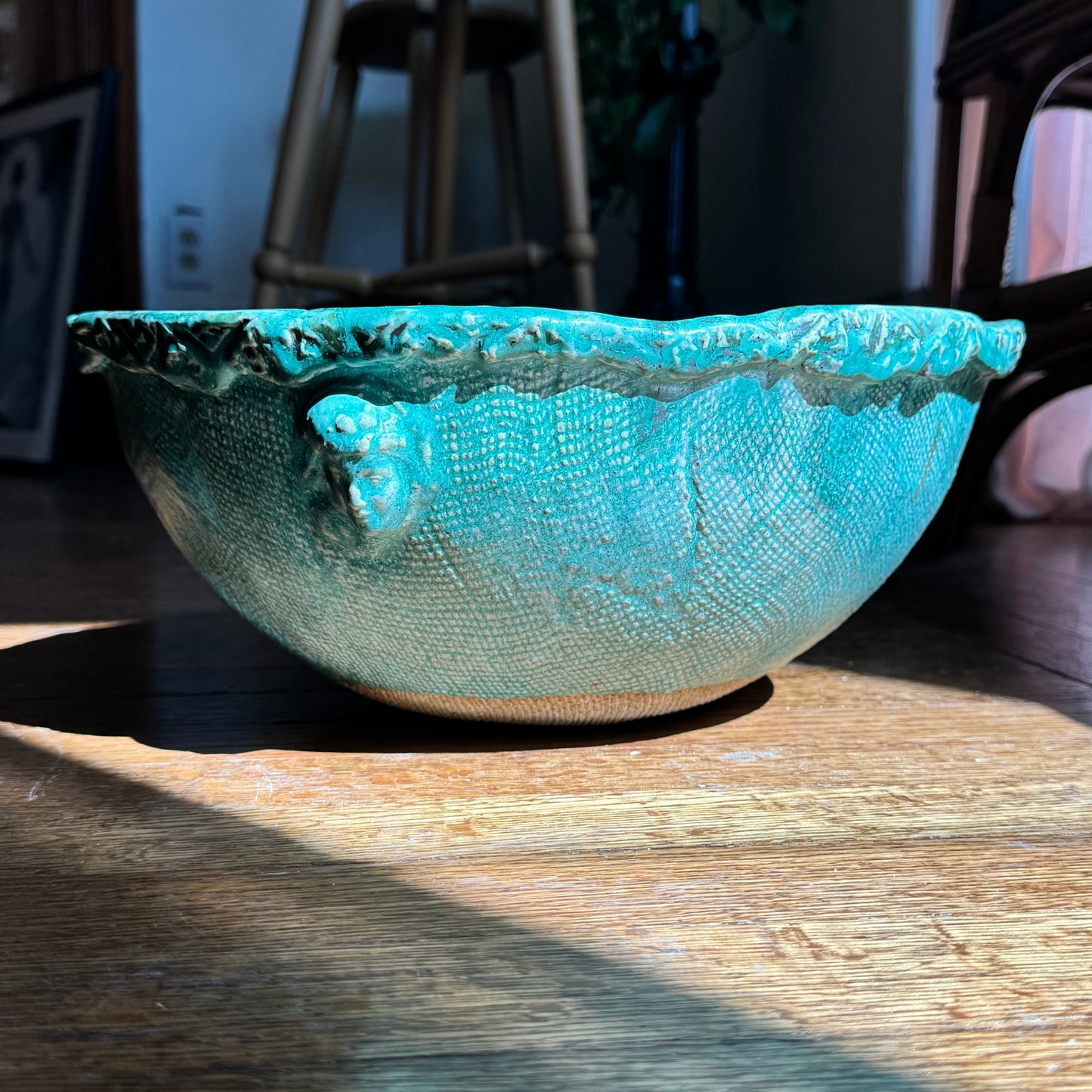 Turquoise Clay Bowl with Faces