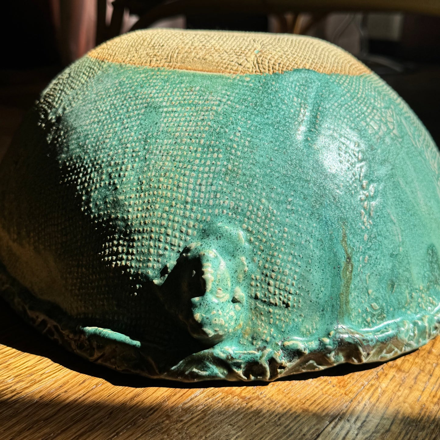 Turquoise Clay Bowl with Faces