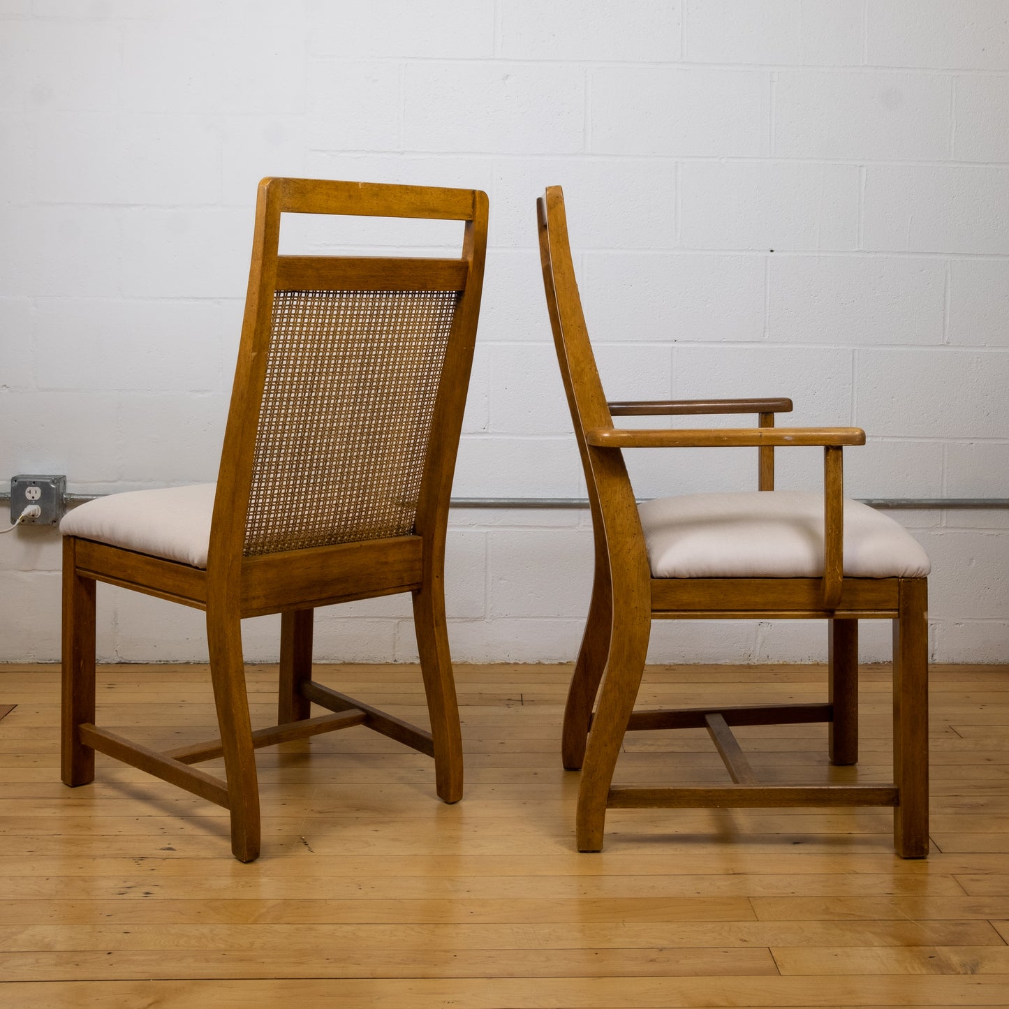 Vintage Cane and Oak Dining Chair Set with Blush Seat