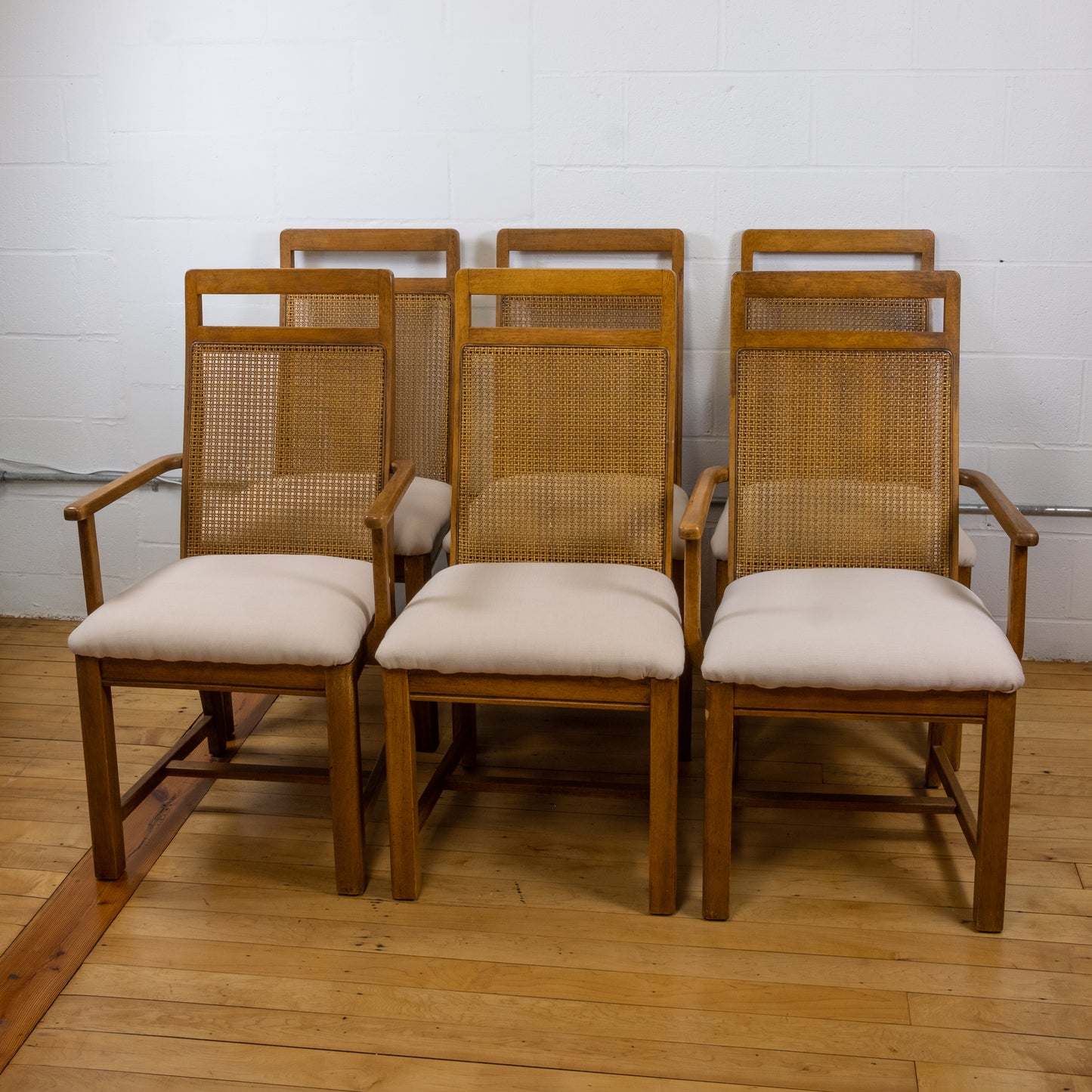 Vintage Cane and Oak Dining Chair Set with Blush Seat