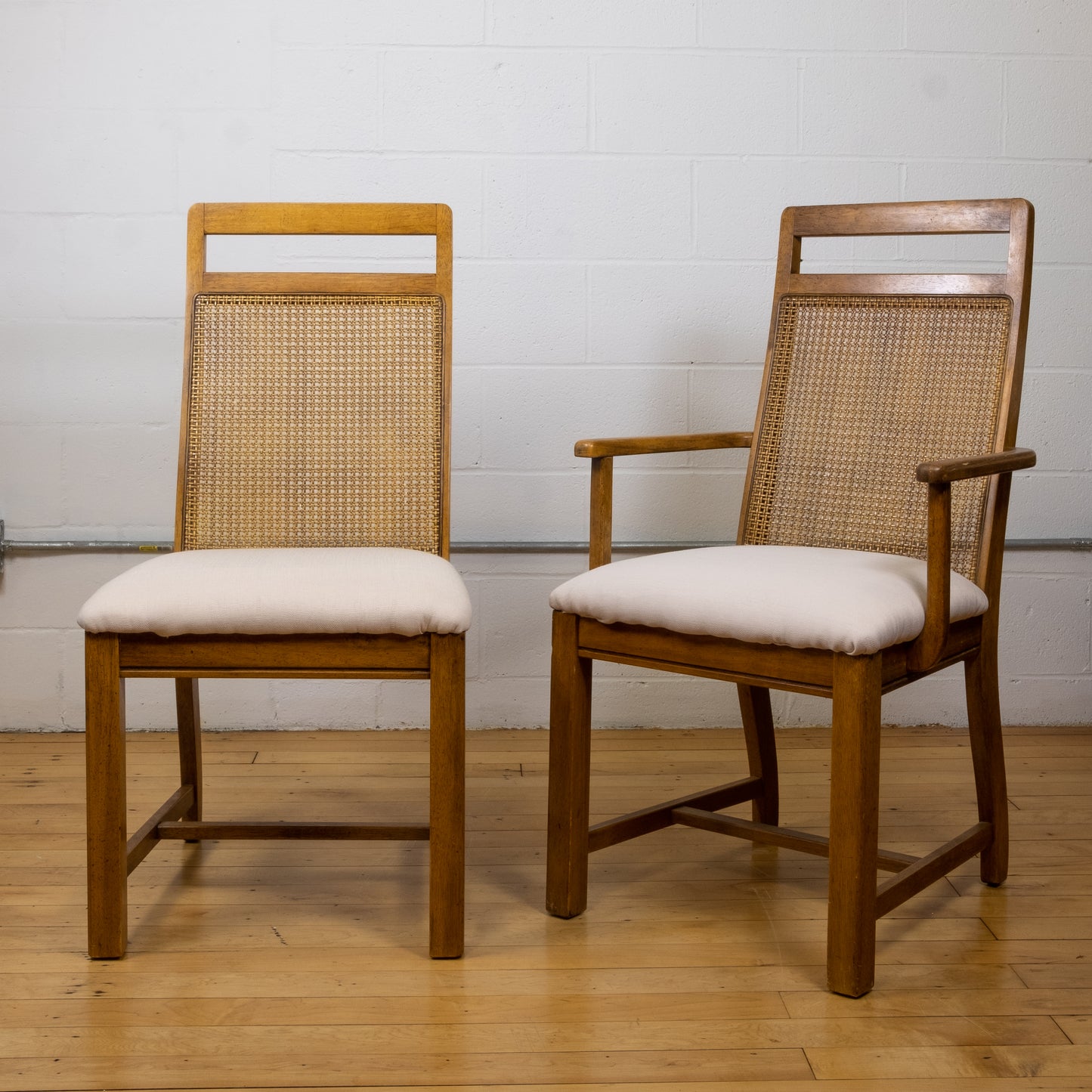Vintage Cane and Oak Dining Chair Set with Blush Seat