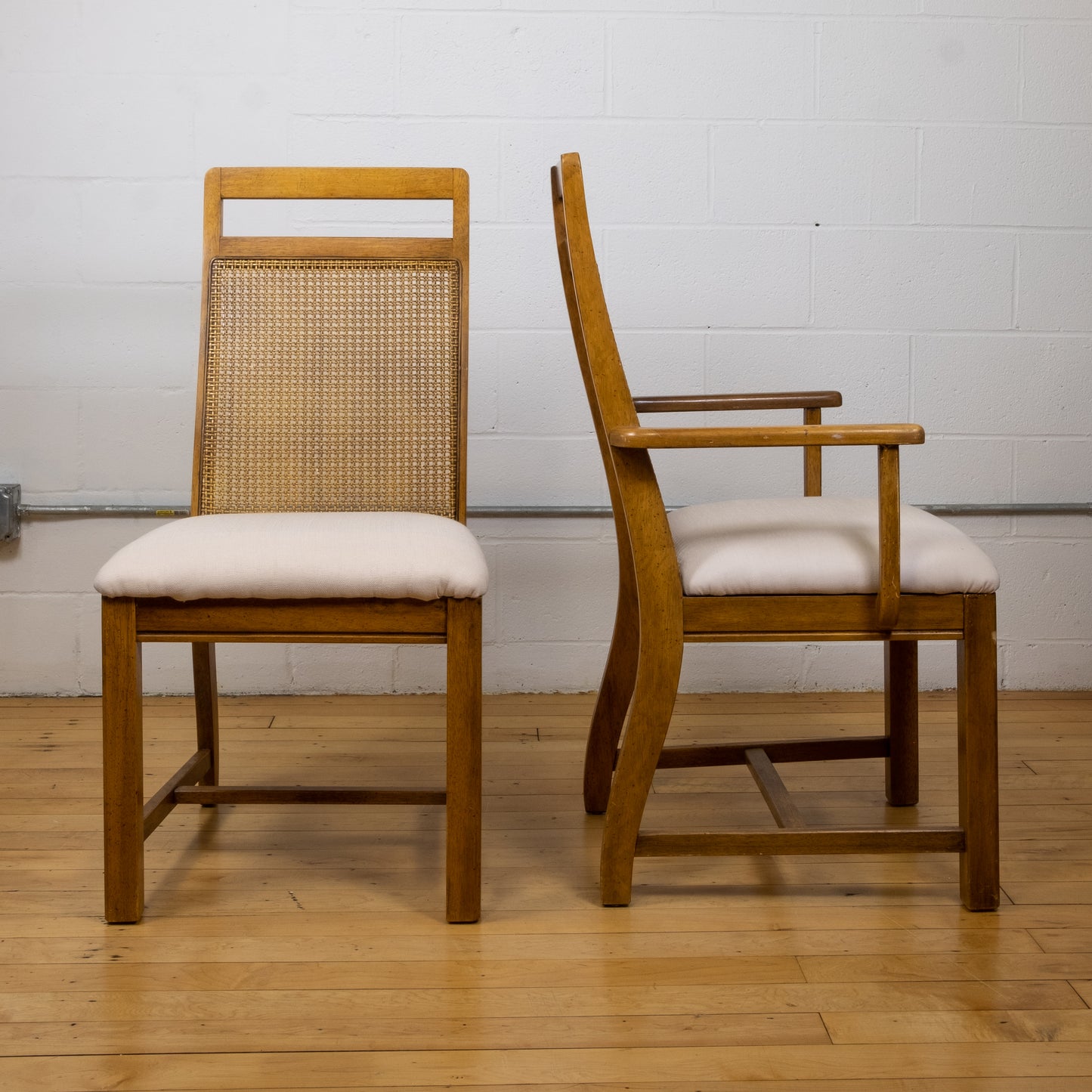 Vintage Cane and Oak Dining Chair Set with Blush Seat